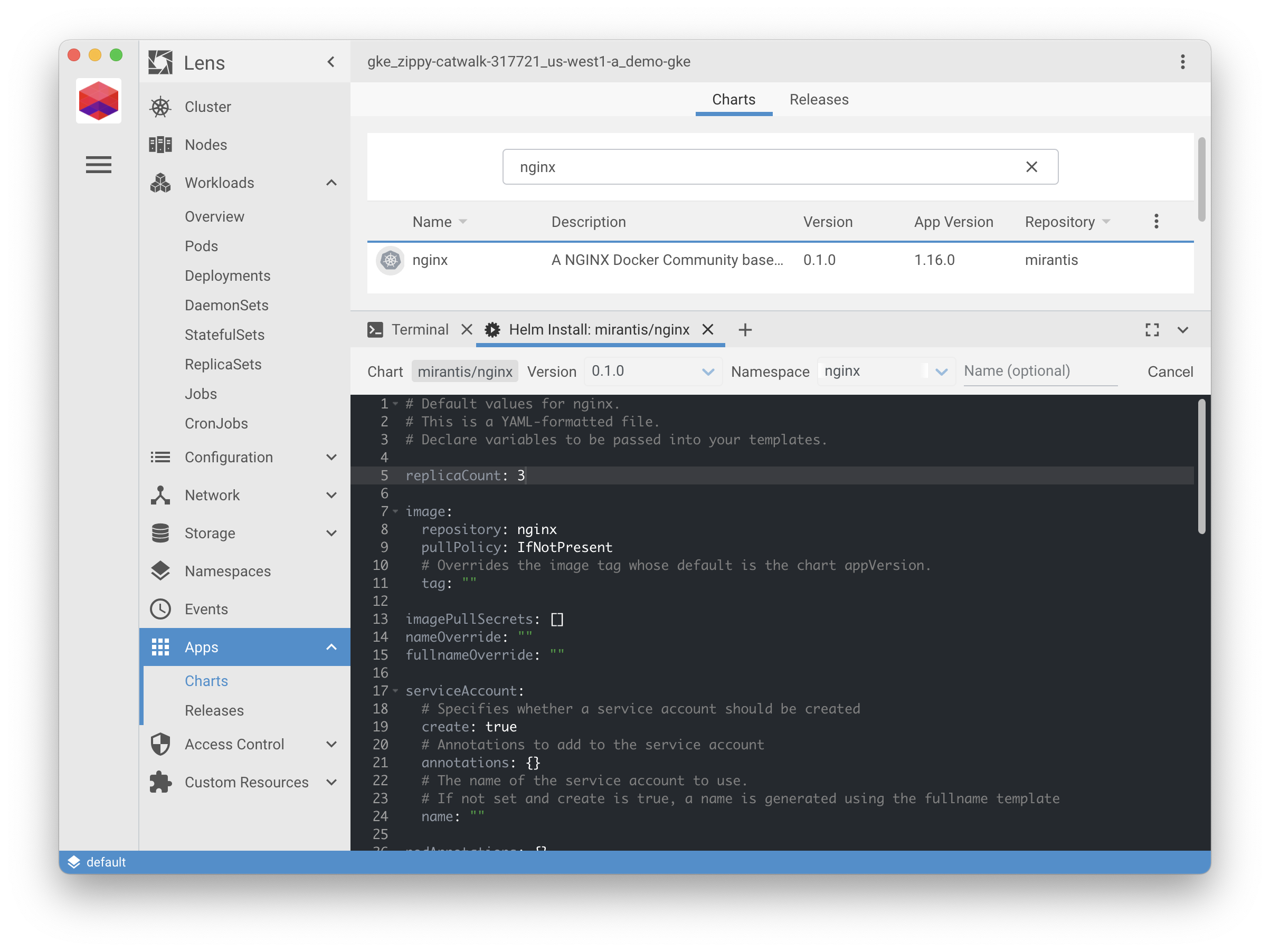 Screenshot showing how to edit the number of replicas in the Helm chart deploy