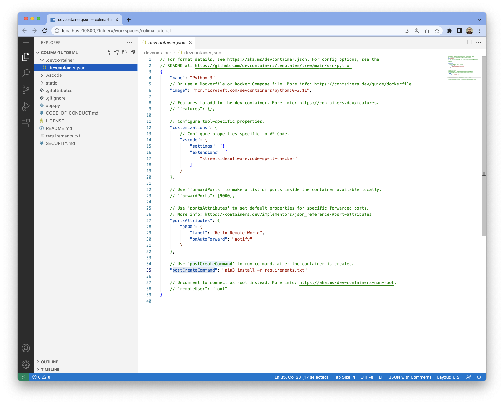 The devcontainer file