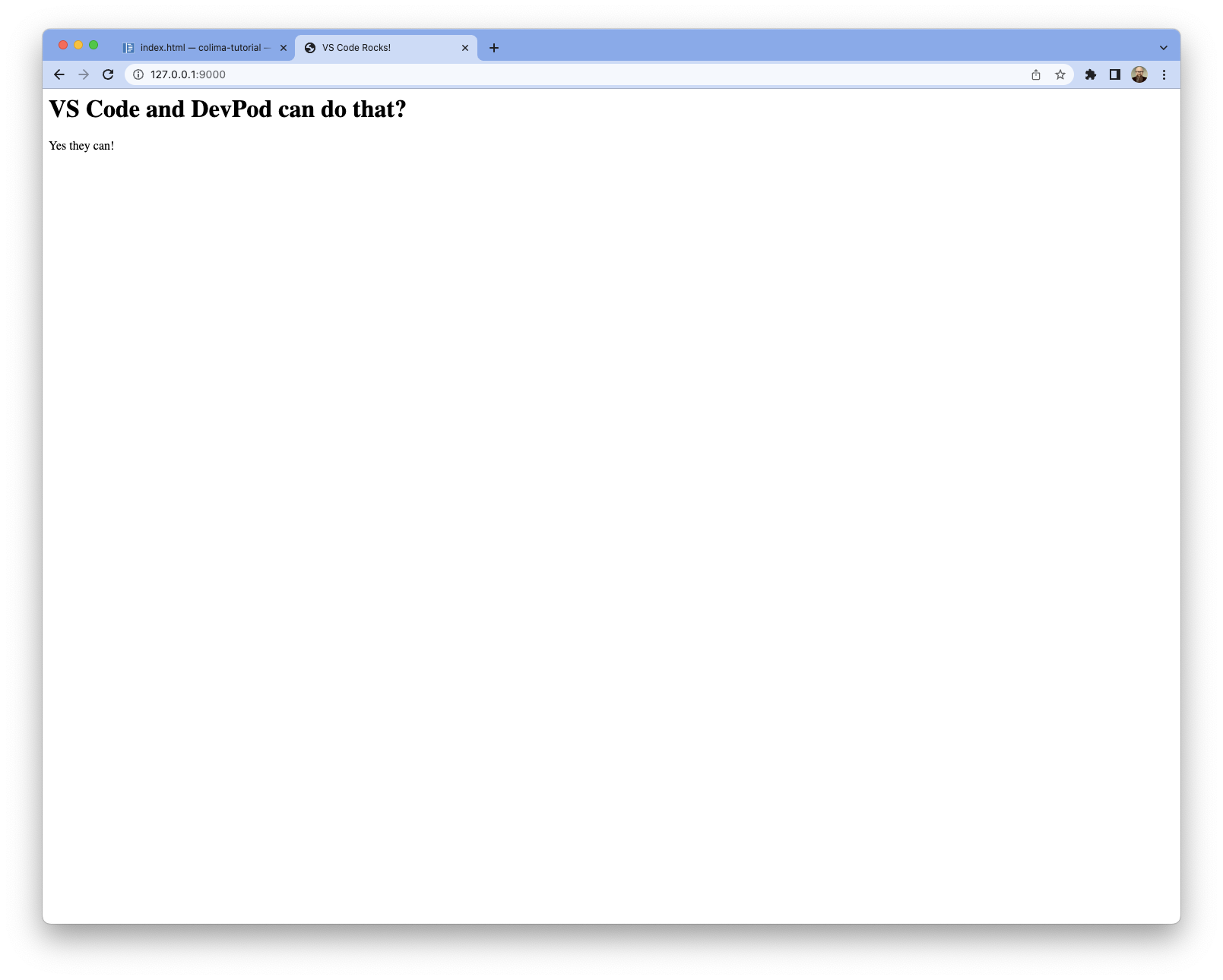 A web browser window that says "VS Code and DevPod can do that? Yes they can."