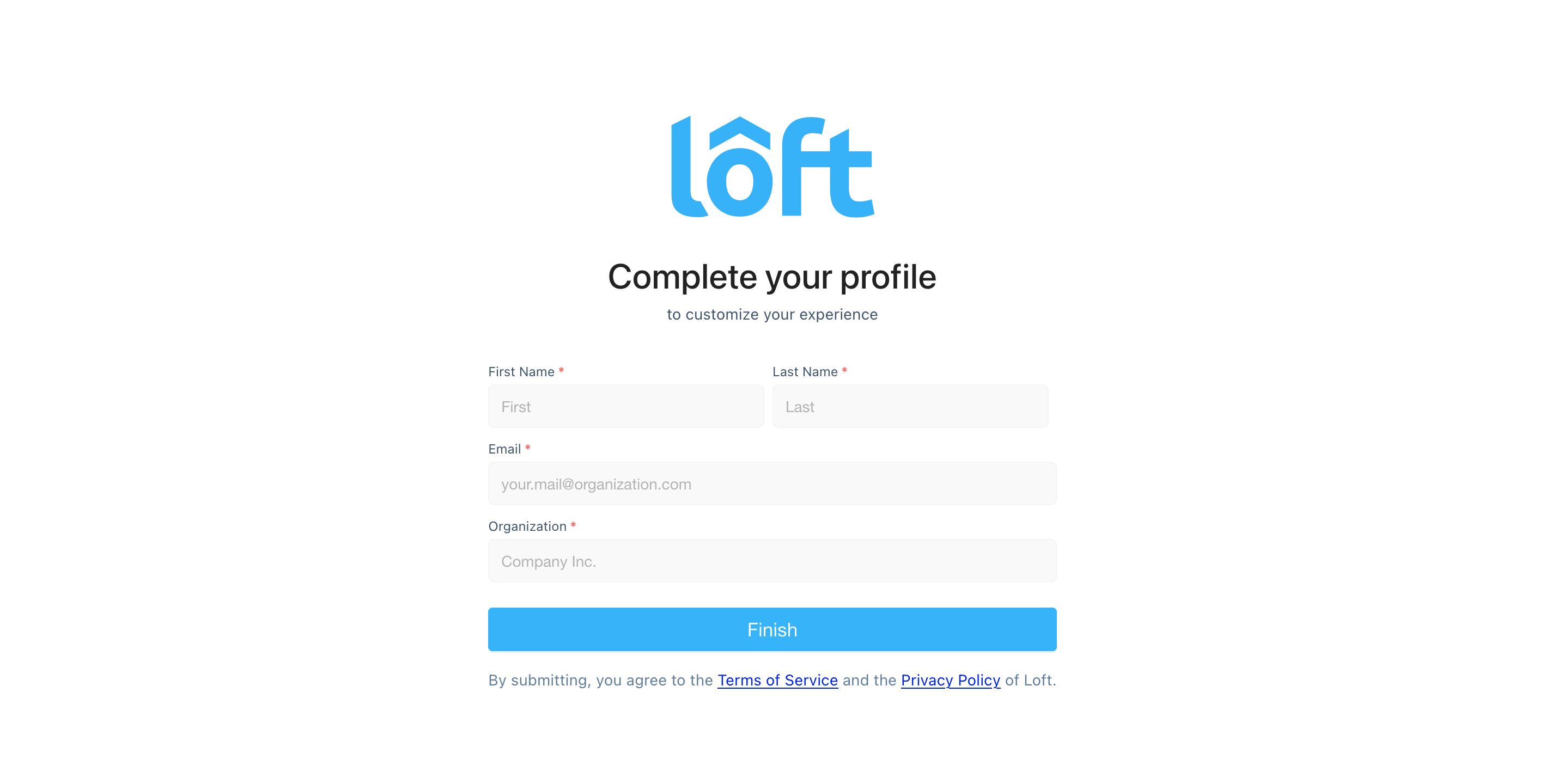 Loft sign-up screen