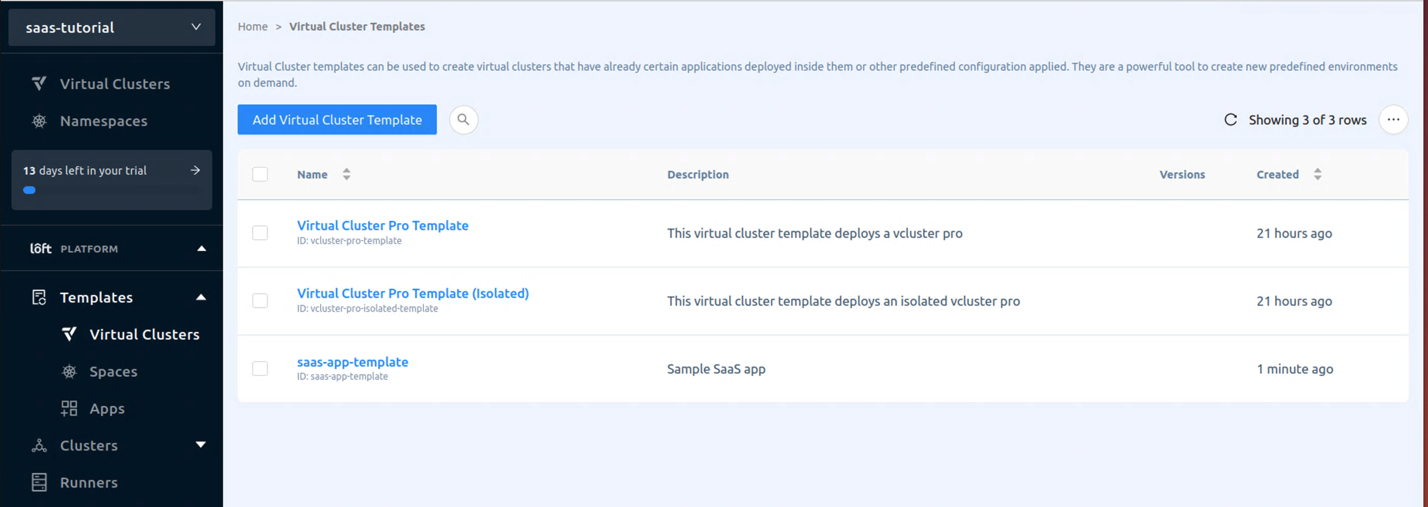 Virtual cluster templates screen