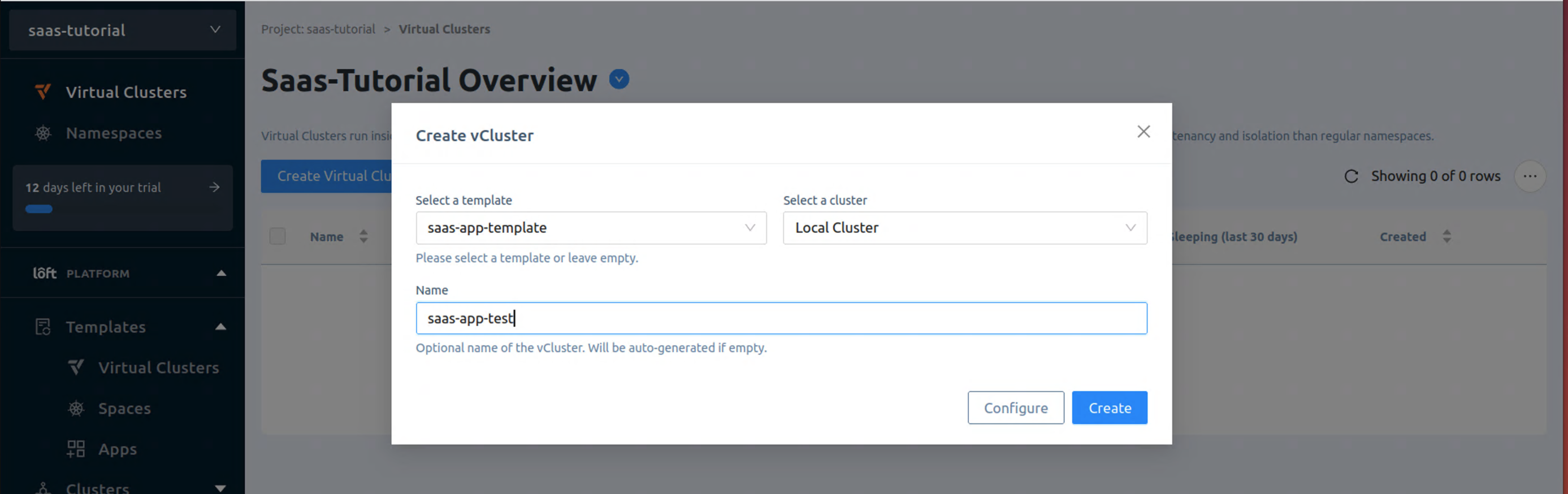 Enter the test virtual cluster