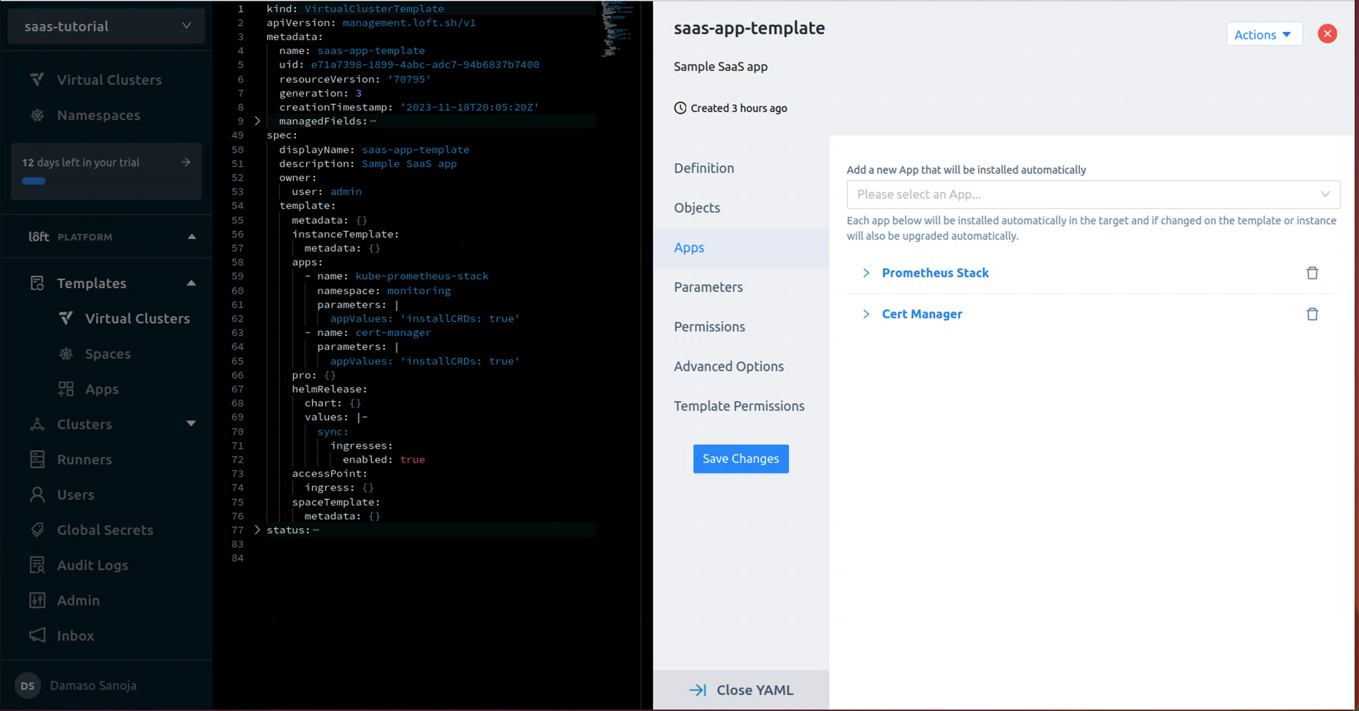 Virtual cluster template Apps tab