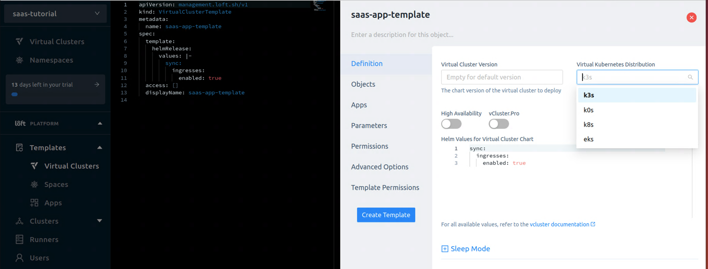 Virtual cluster template Definition tab