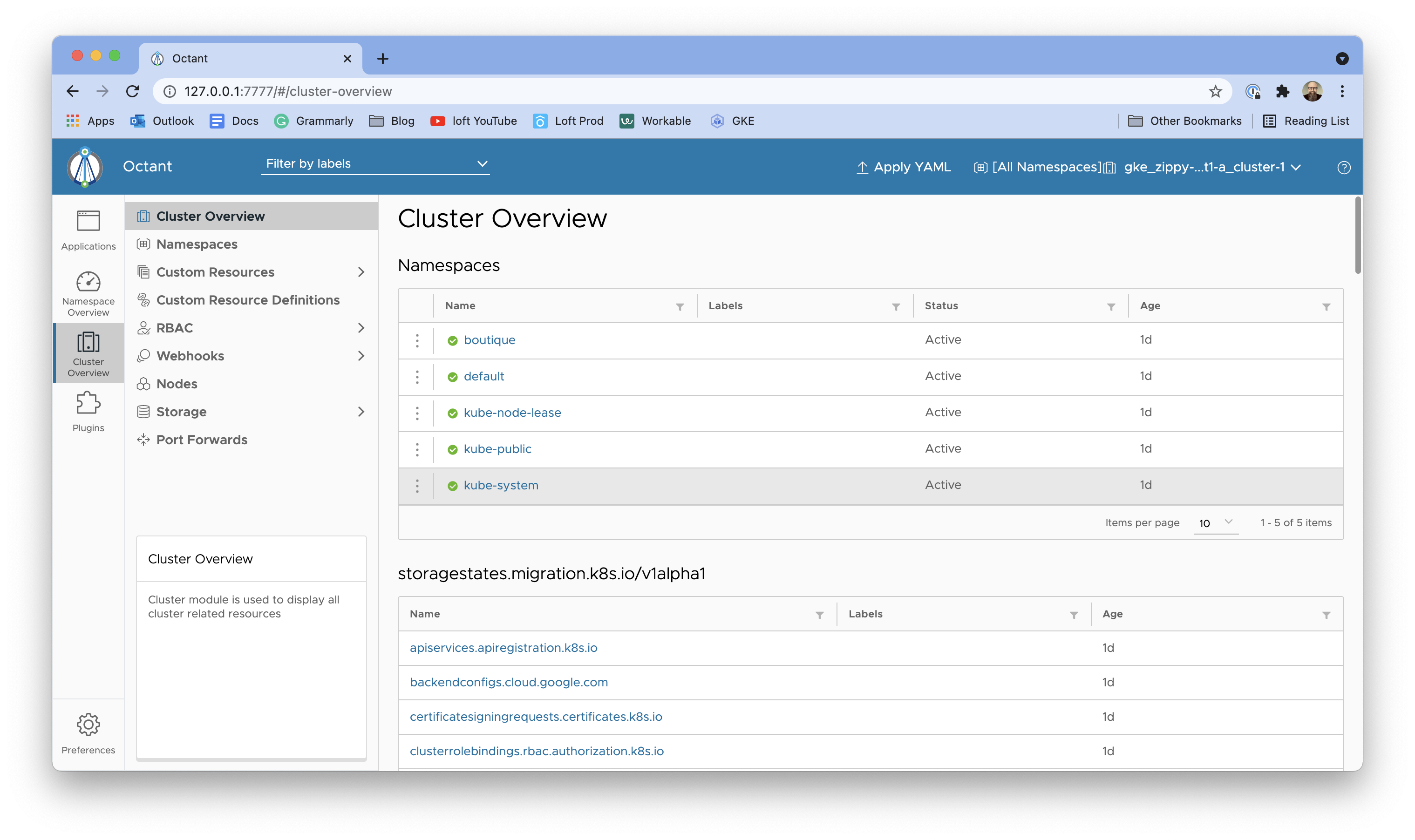 Octant's cluster overview