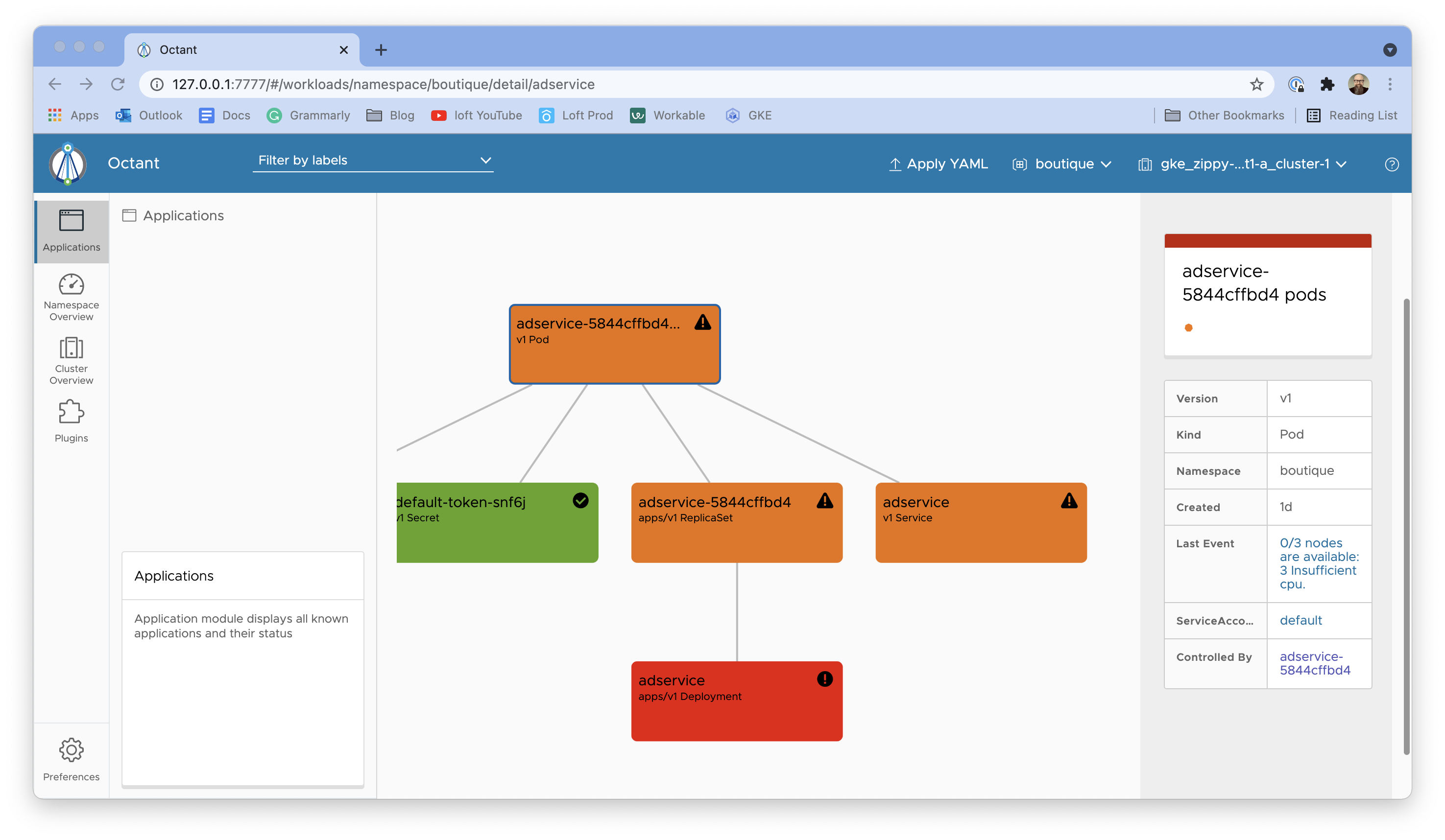 Viewing a failed pod
