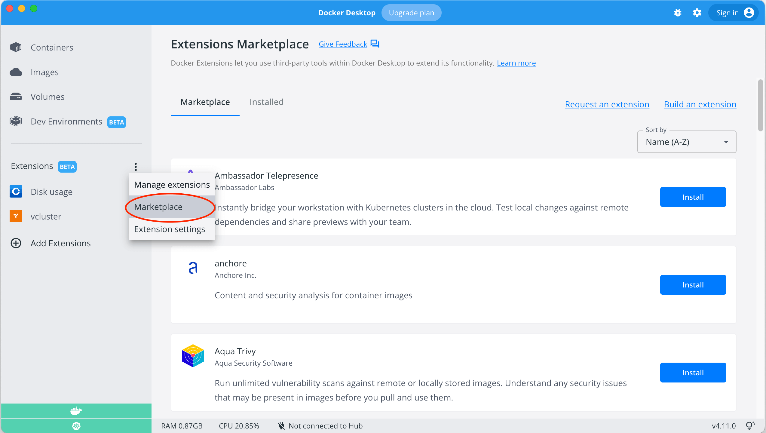 The Docker Desktop UI showing the Extensions Marketplace.