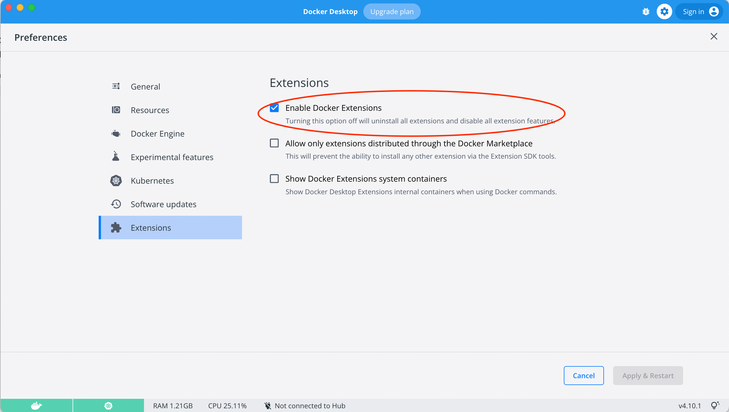 The Docker Desktop UI with the Docker Extensions feature enabled.