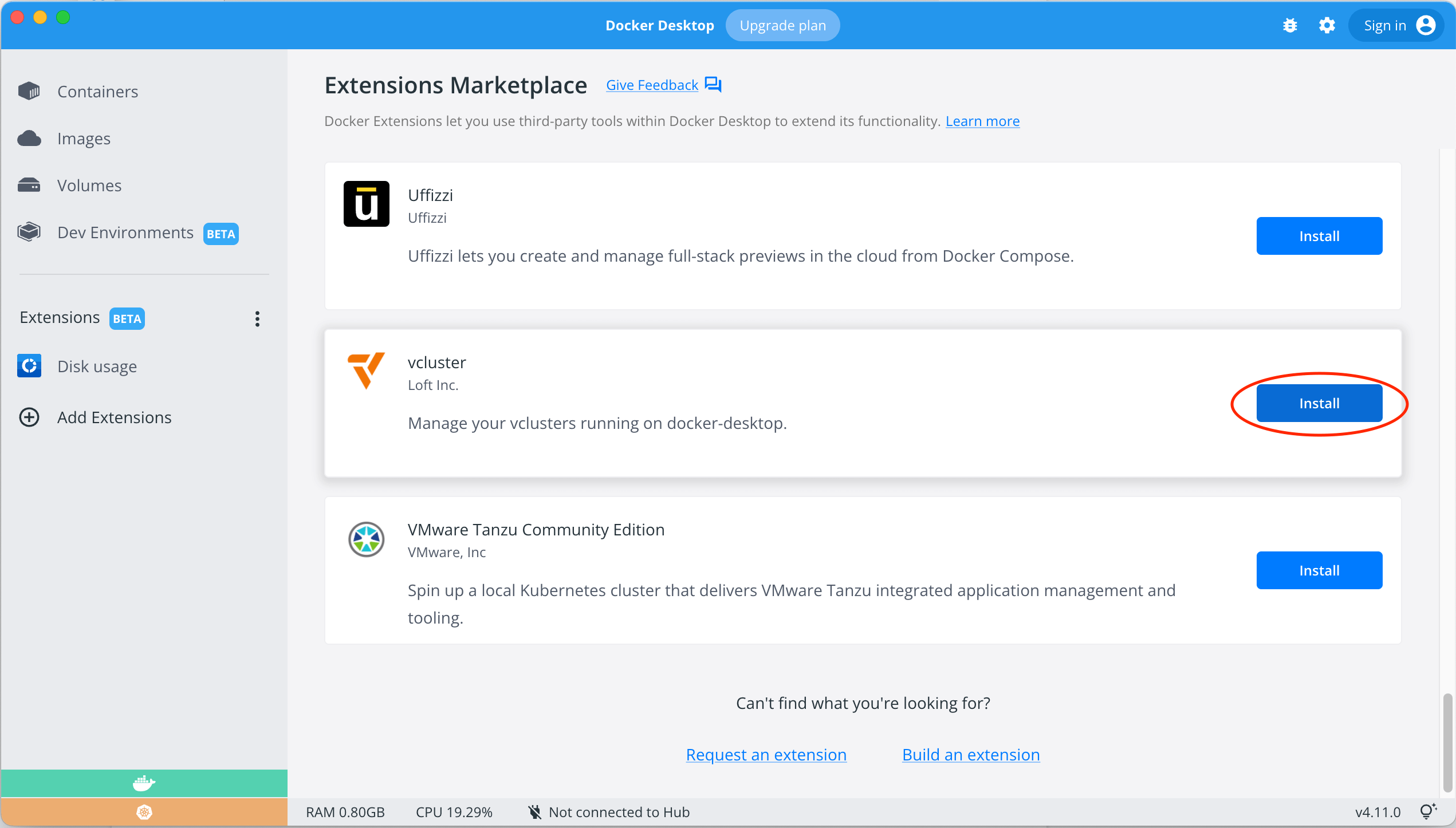 The Docker Desktop Extensions Marketplace, showing the vcluster extension. A red circle highlights the "Install" button.