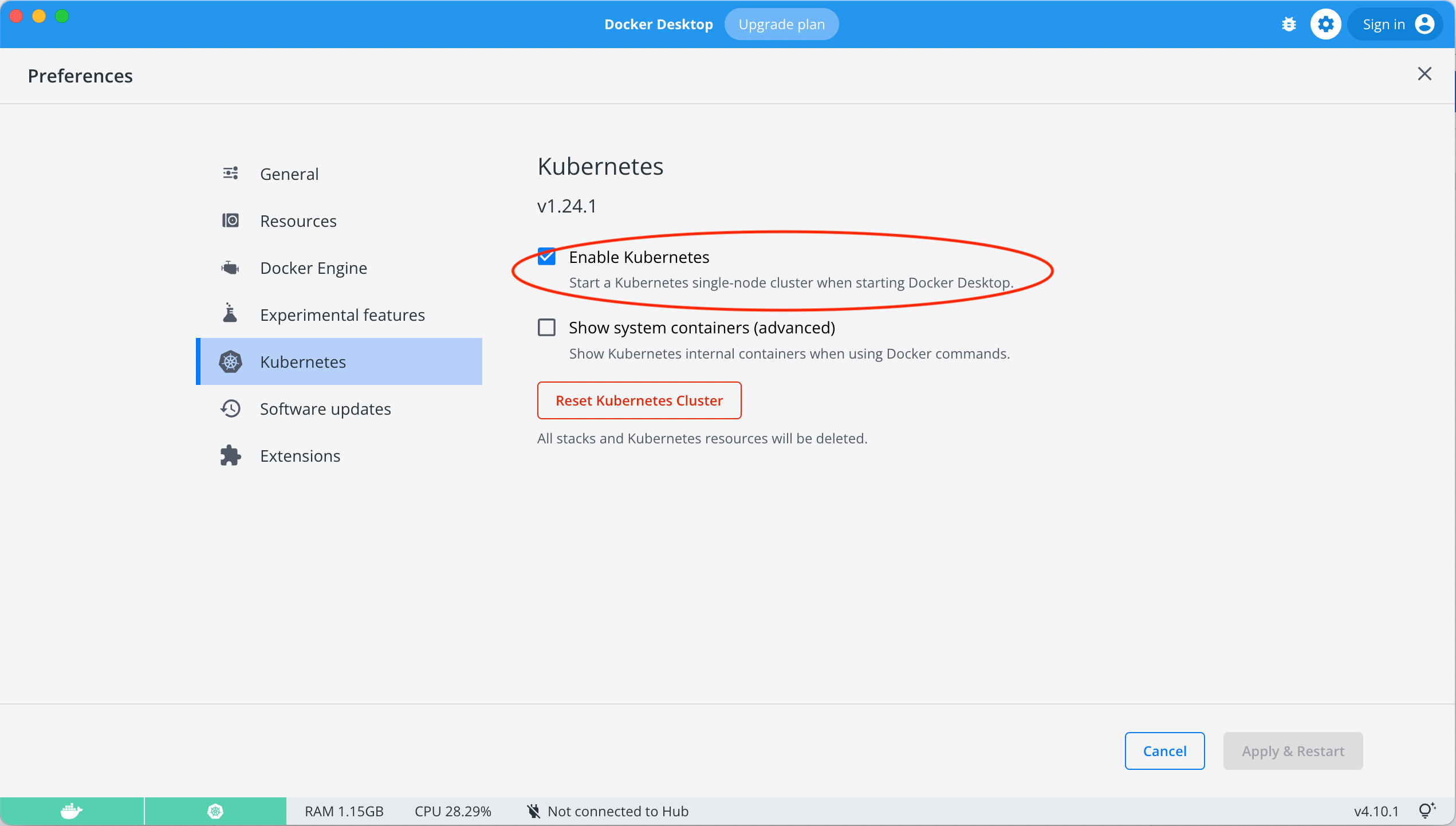 The Docker Desktop UI with the Kubernetes feature enabled.