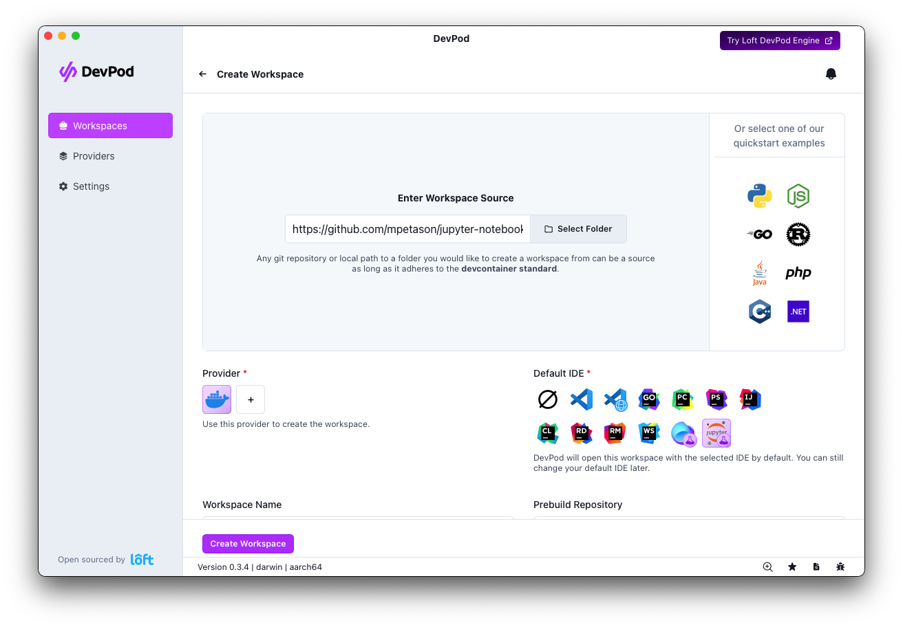 DevPod Jupyter Notebook Workspace