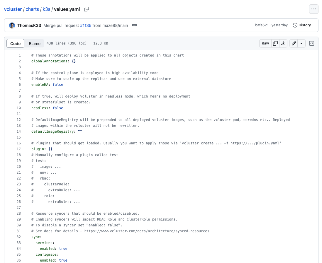 Screenshot of the values file on GitHub