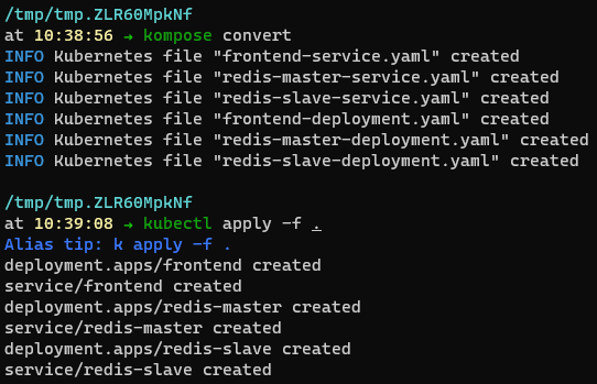The output of running the "compose convert" command, and then applying that to a Kubernetes cluster with kubectl.