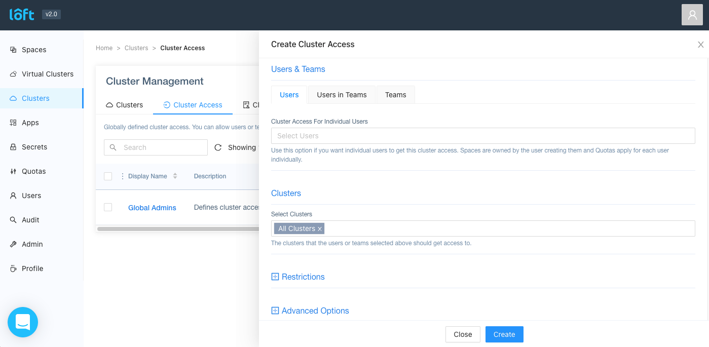 Creating a cluster access in Loft v2