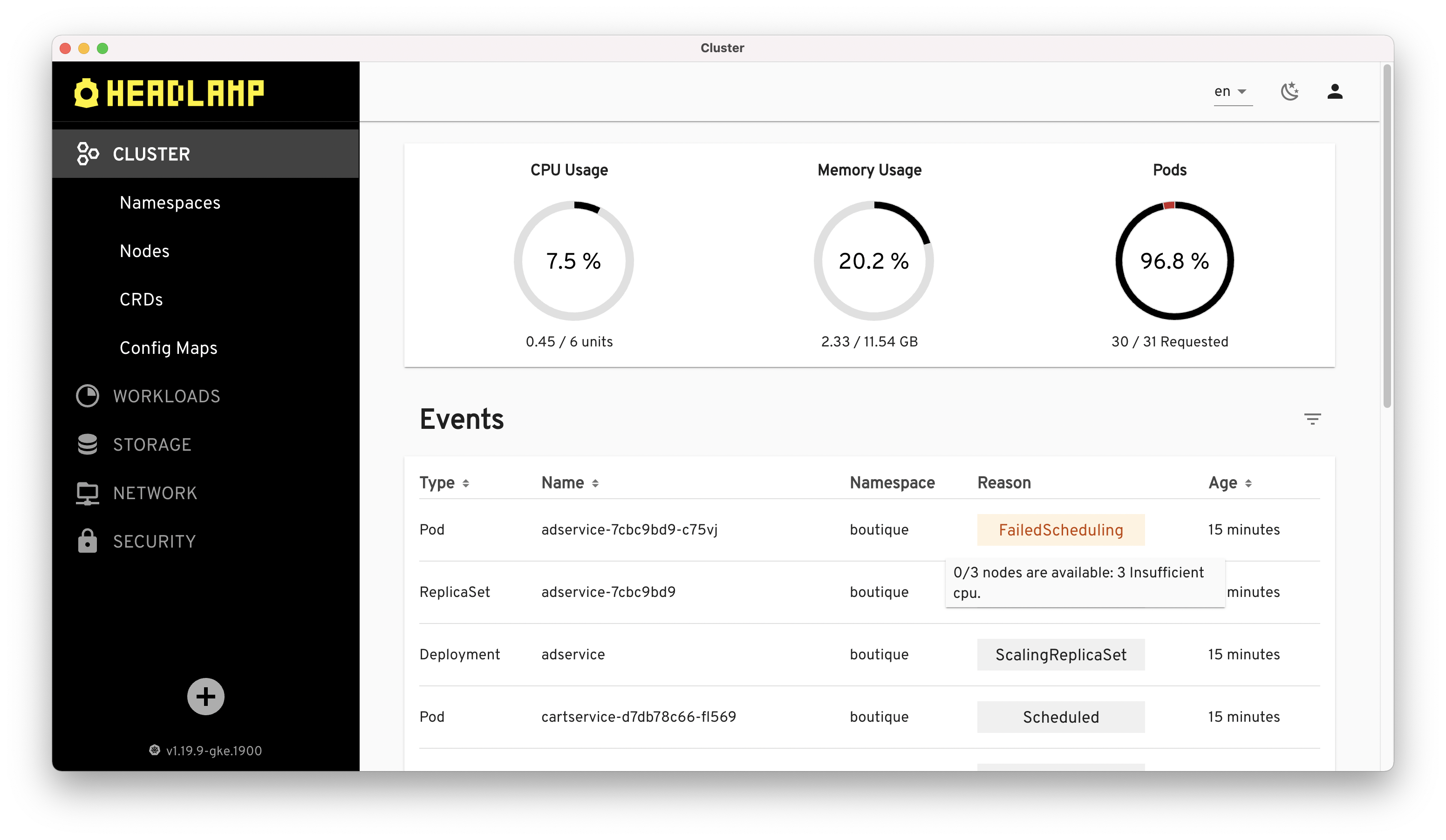 Headlamp's cluster view, showing basic cluster metrics and a list of events