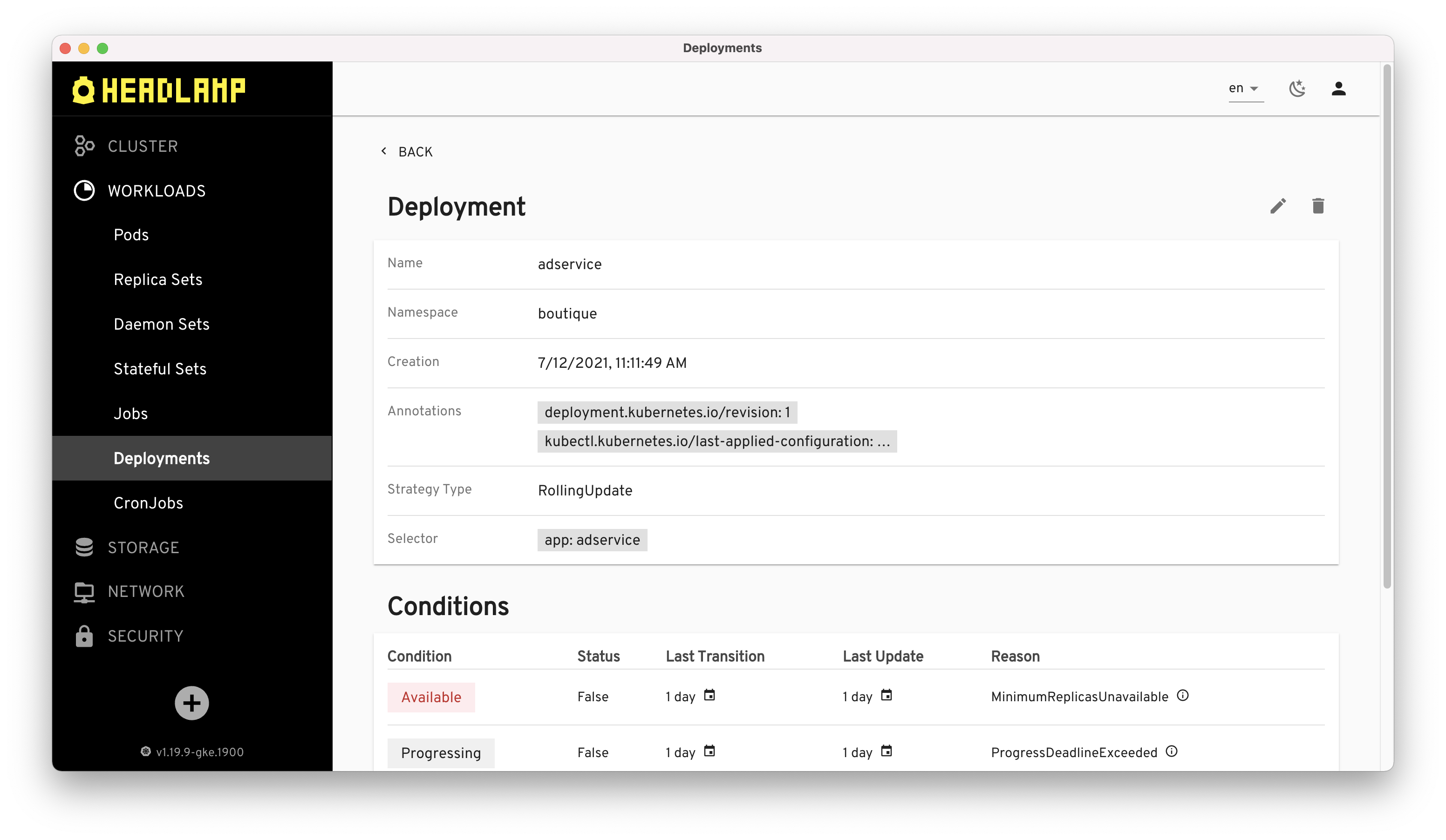 Viewing a deployment in Headlamp