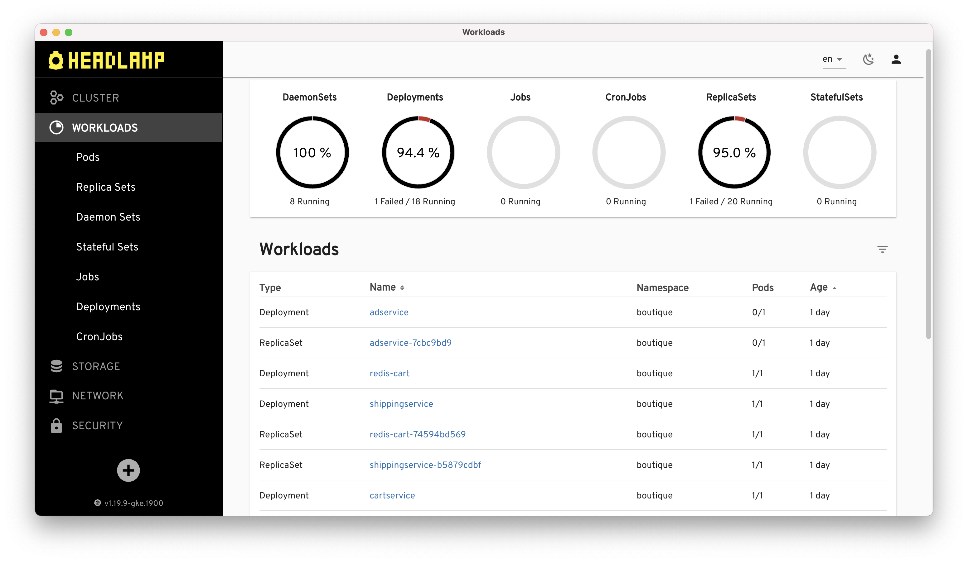 The workloads view in Headlamp, which shows the workload objects like pods, deployments, and ReplicaSets.