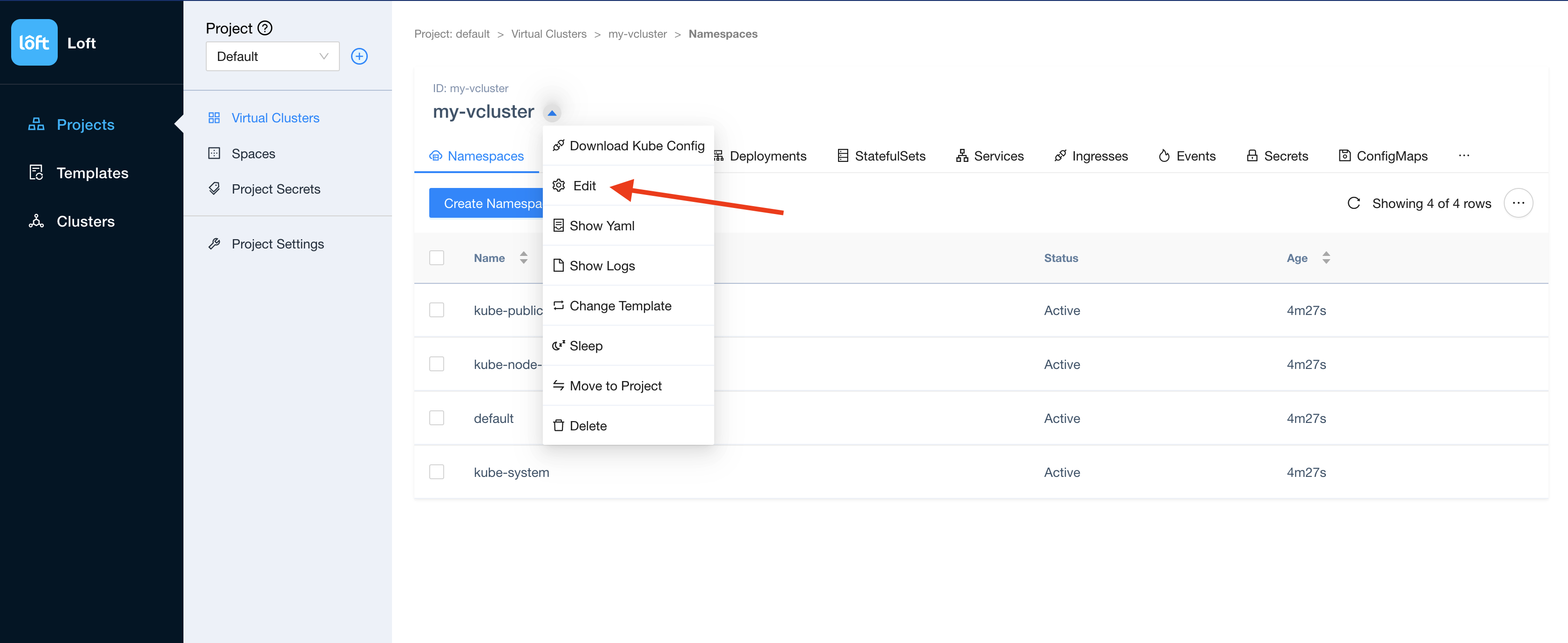 Virtual Cluster Drop Down Options