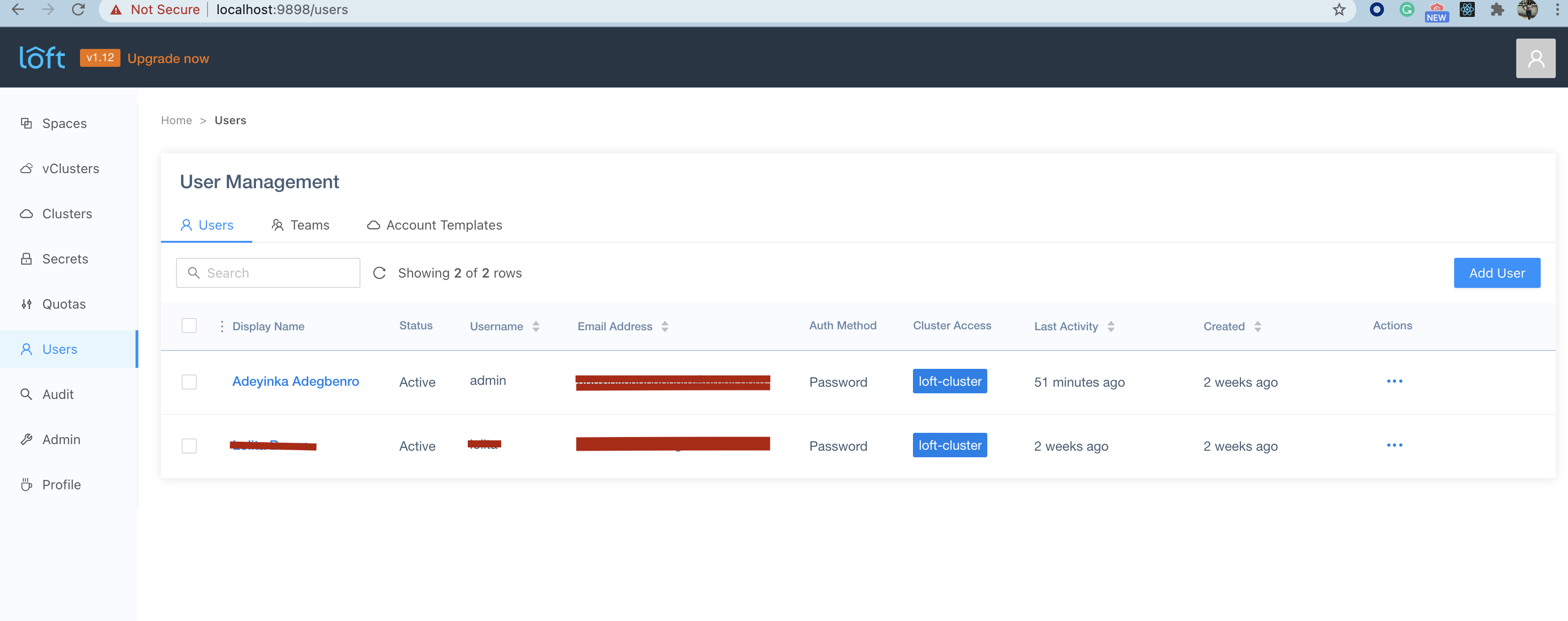 Loft create user page