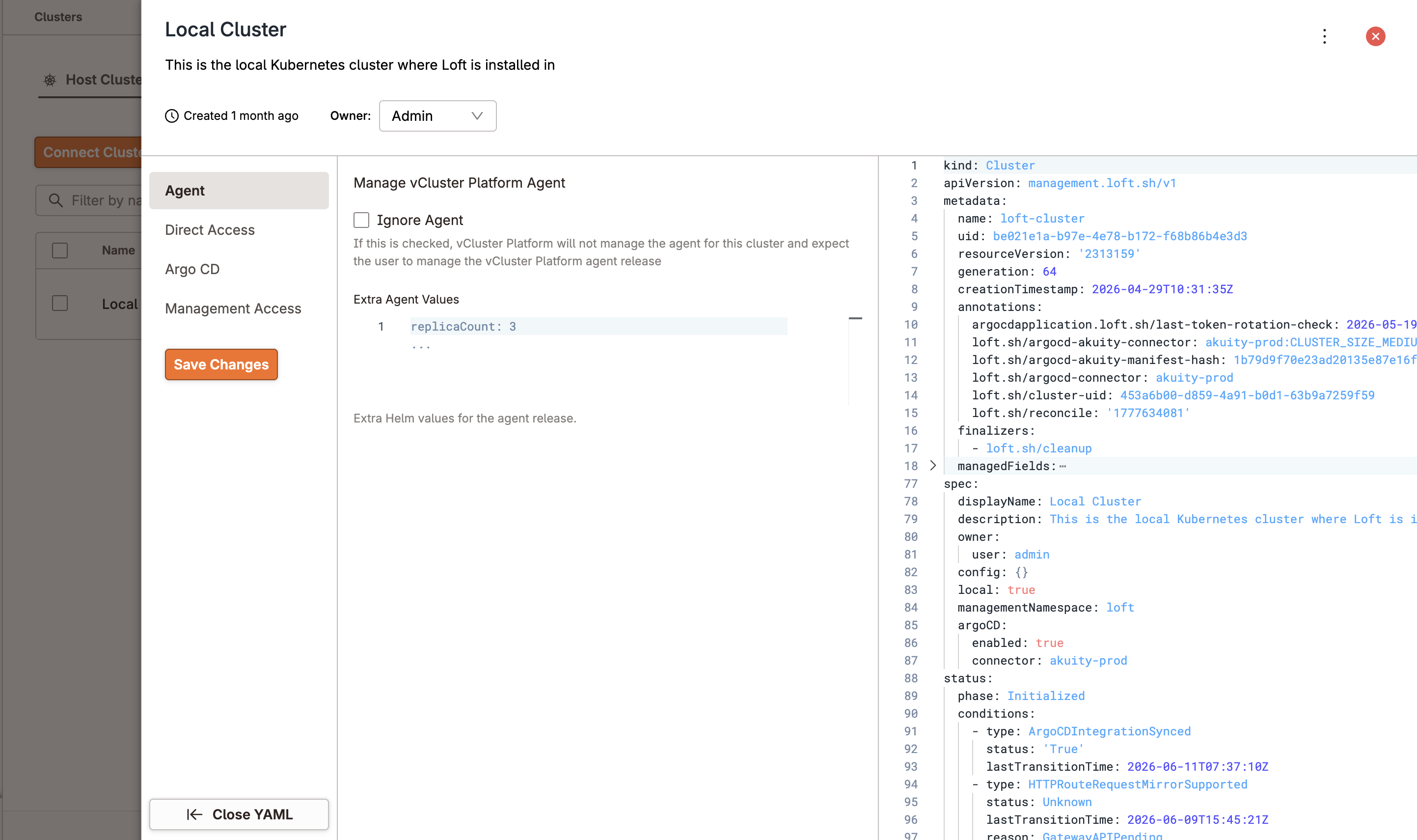 Control Plane Cluster object spec showing the argoCD configuration block