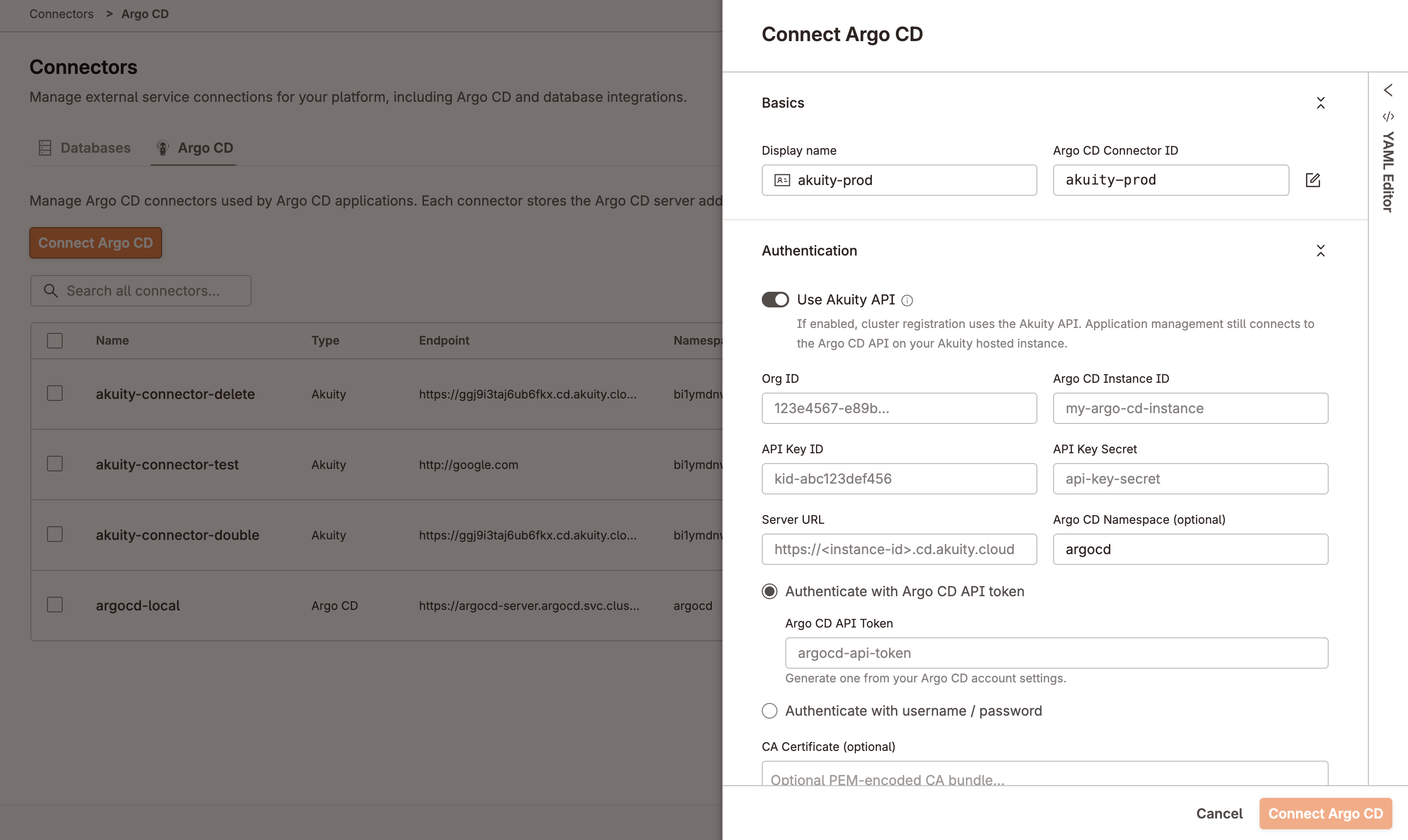 vCluster Platform connector creation form with Akuity selected as the type