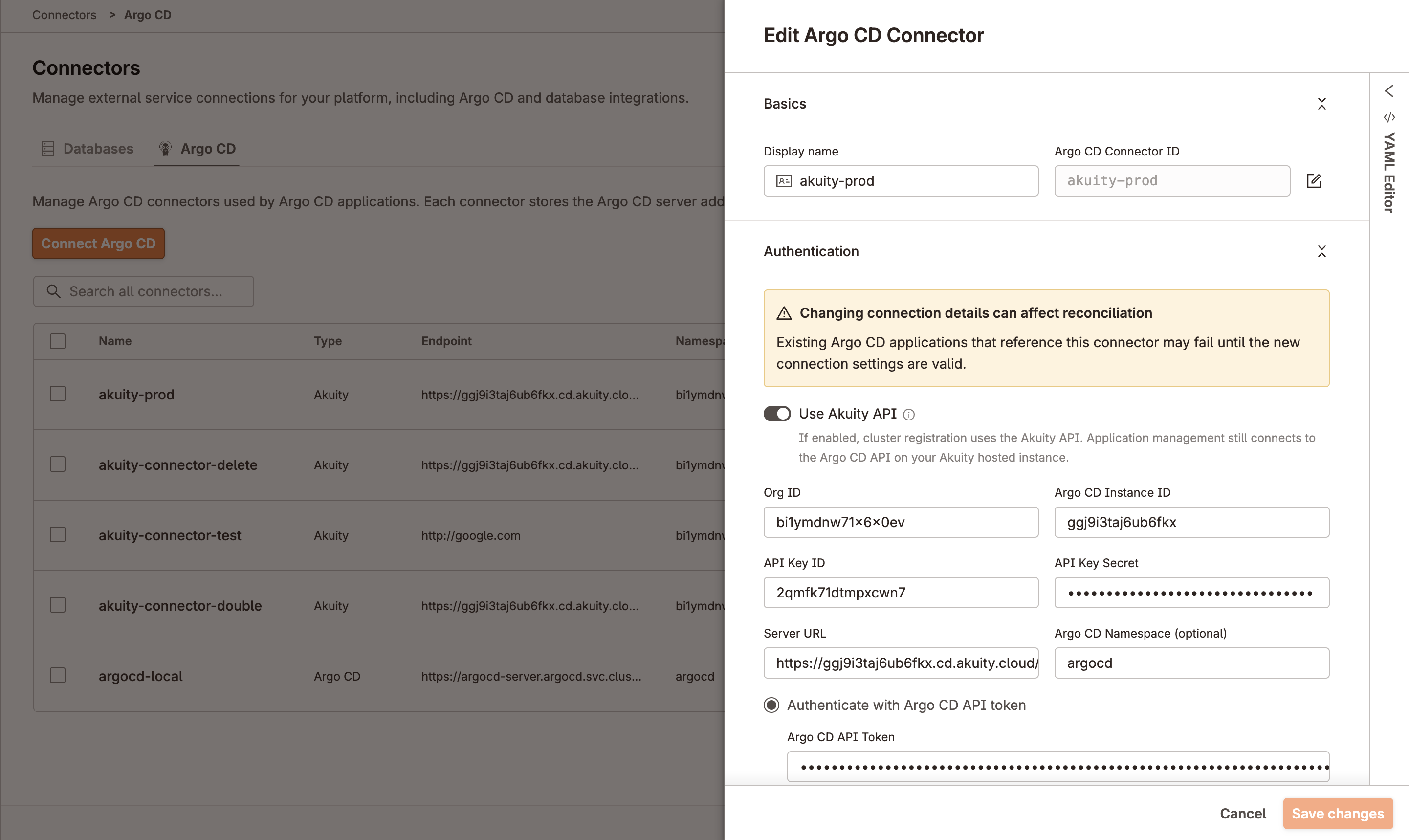vCluster Platform showing the newly created Akuity connector in the Connectors list