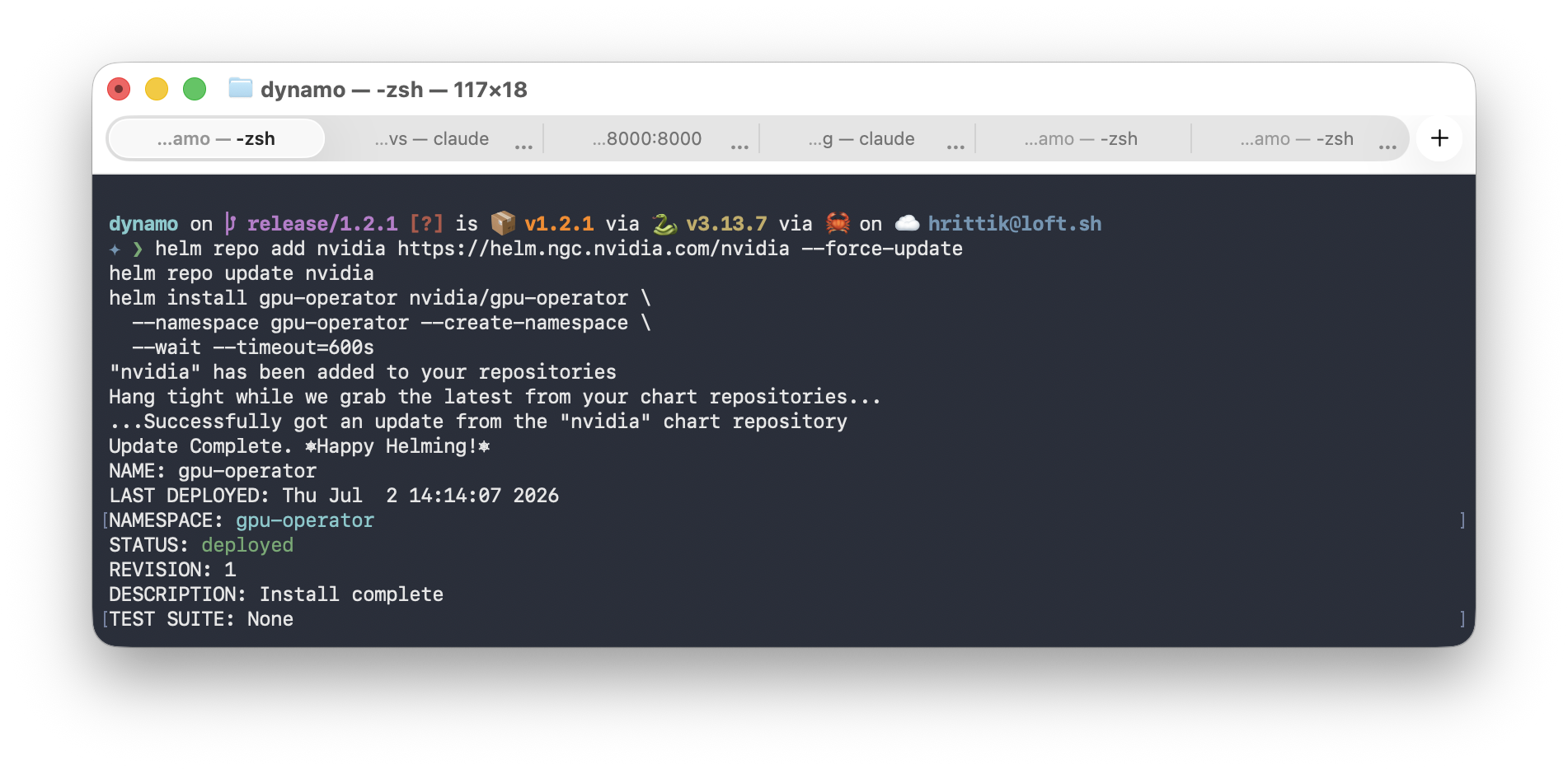 Terminal output of the GPU Operator Helm install completing