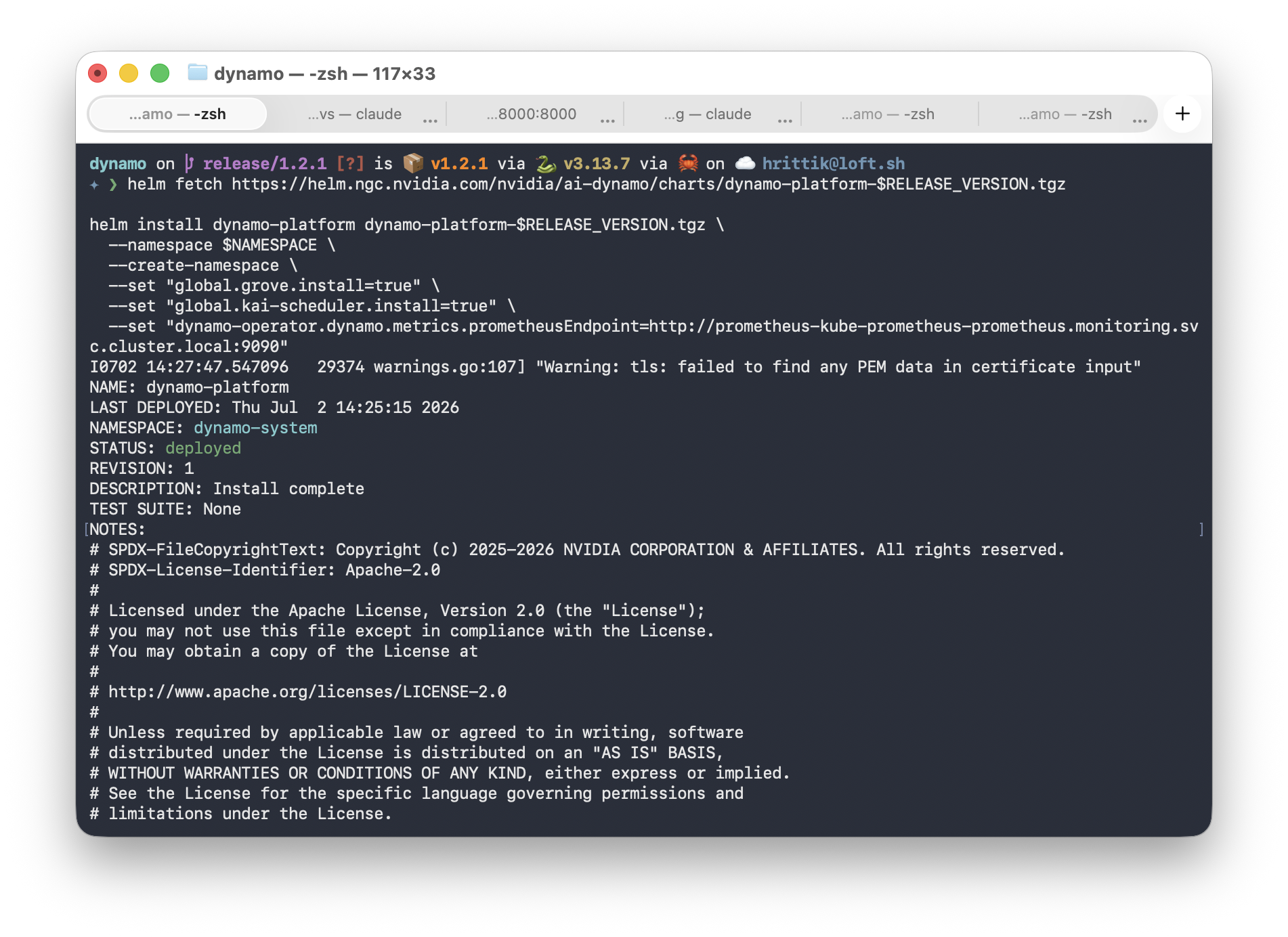 Terminal output of the Dynamo platform Helm install