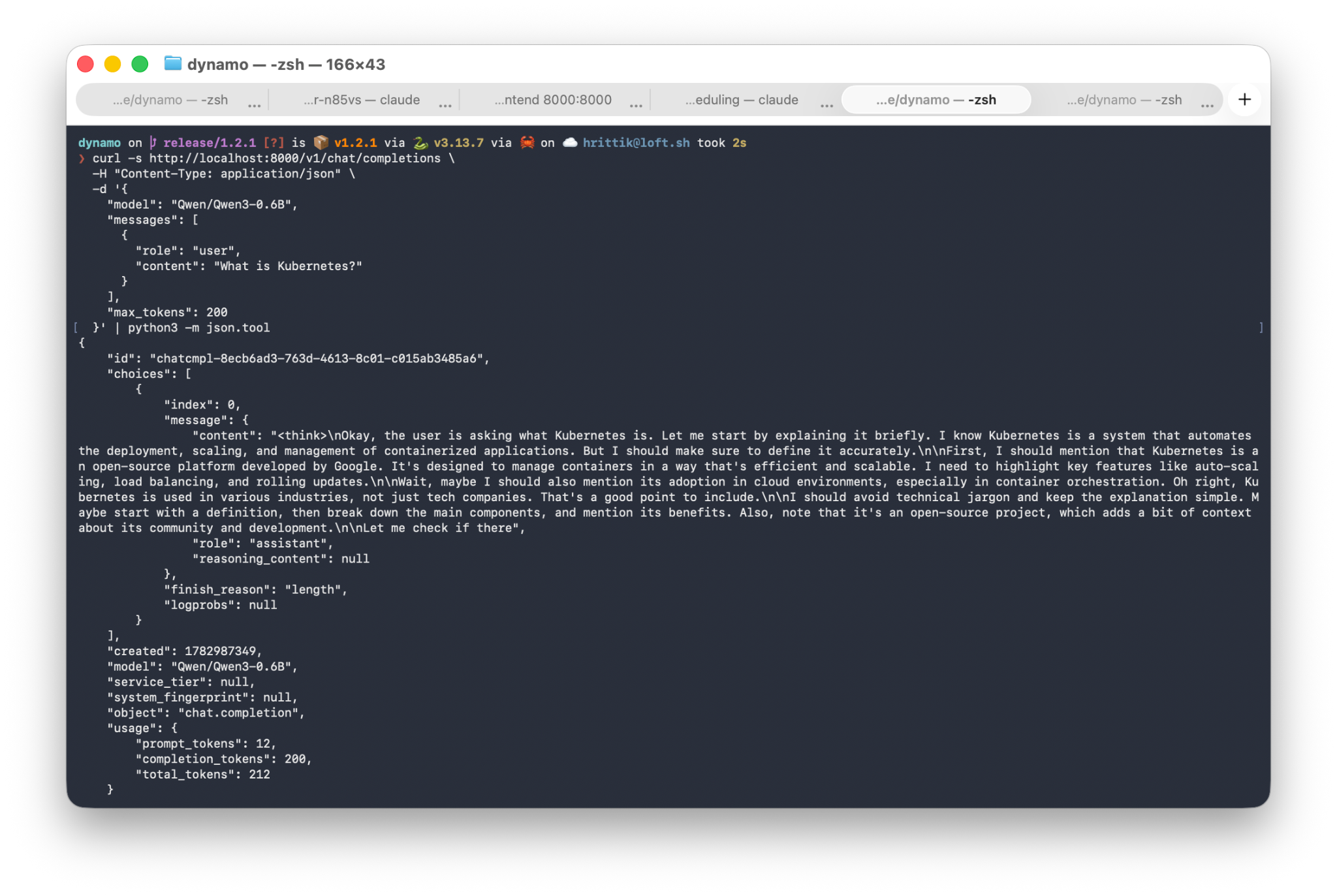 Screenshot of the Qwen3-0.6B model responding to a question about Kubernetes through the Dynamo frontend