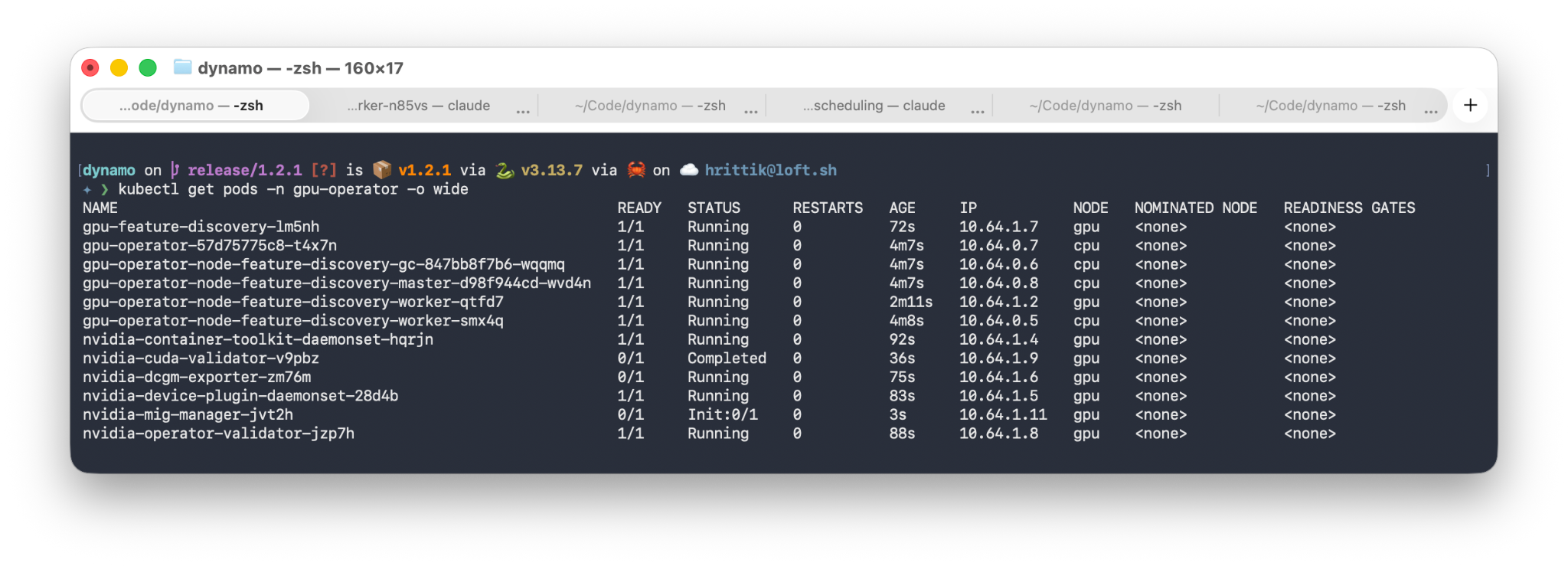 Terminal output of kubectl get pods showing GPU Operator components placed across the CPU and GPU nodes