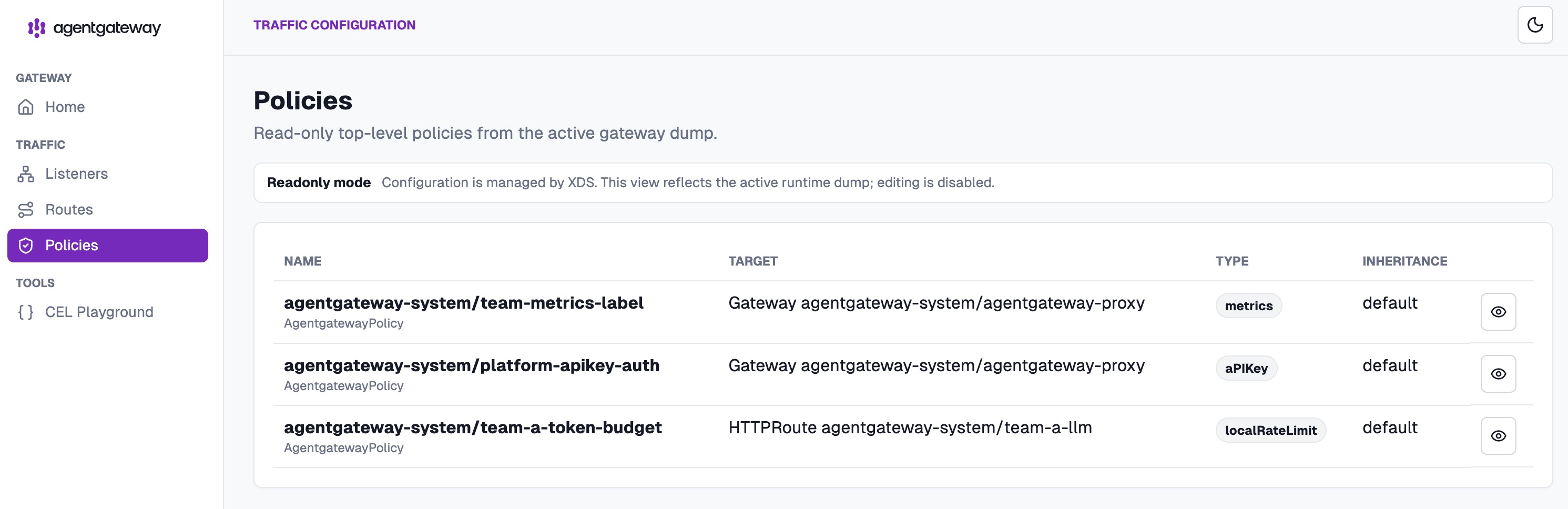 Agentgateway admin UI policies view