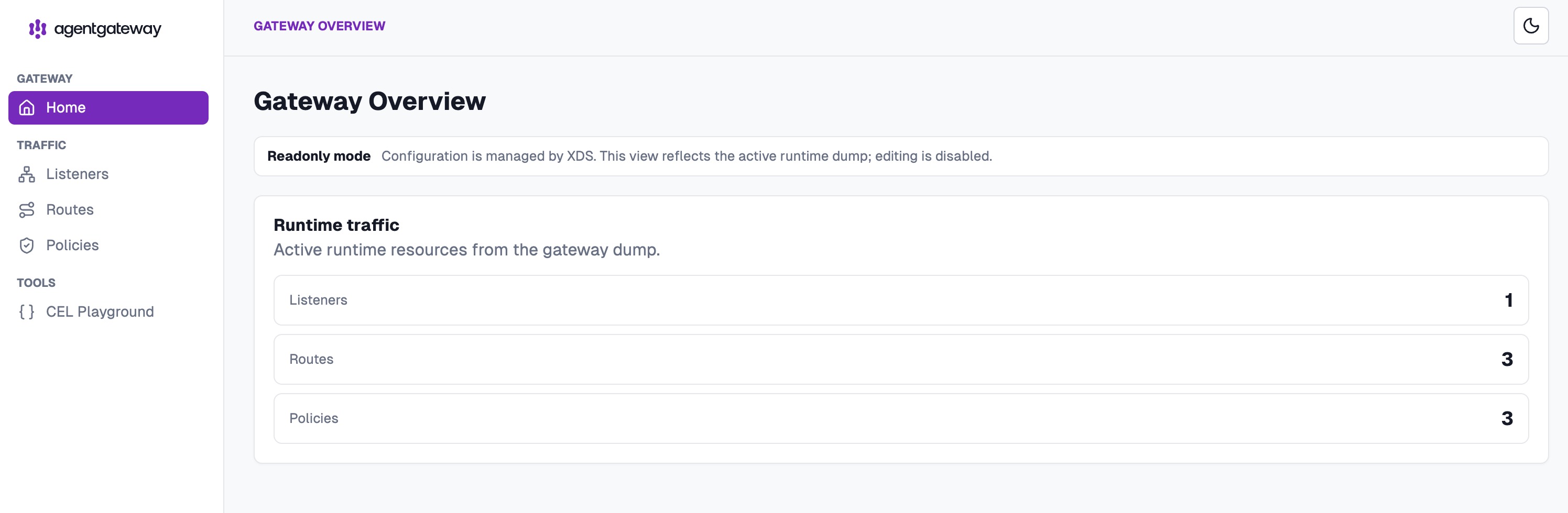 Agentgateway admin UI gateway overview