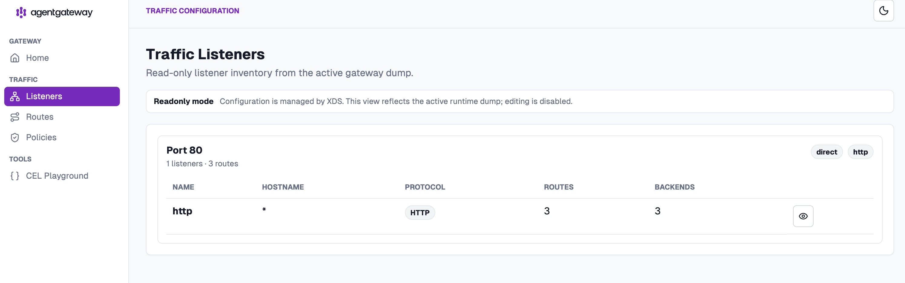 Agentgateway admin UI listener with 3 routes and 3 backends