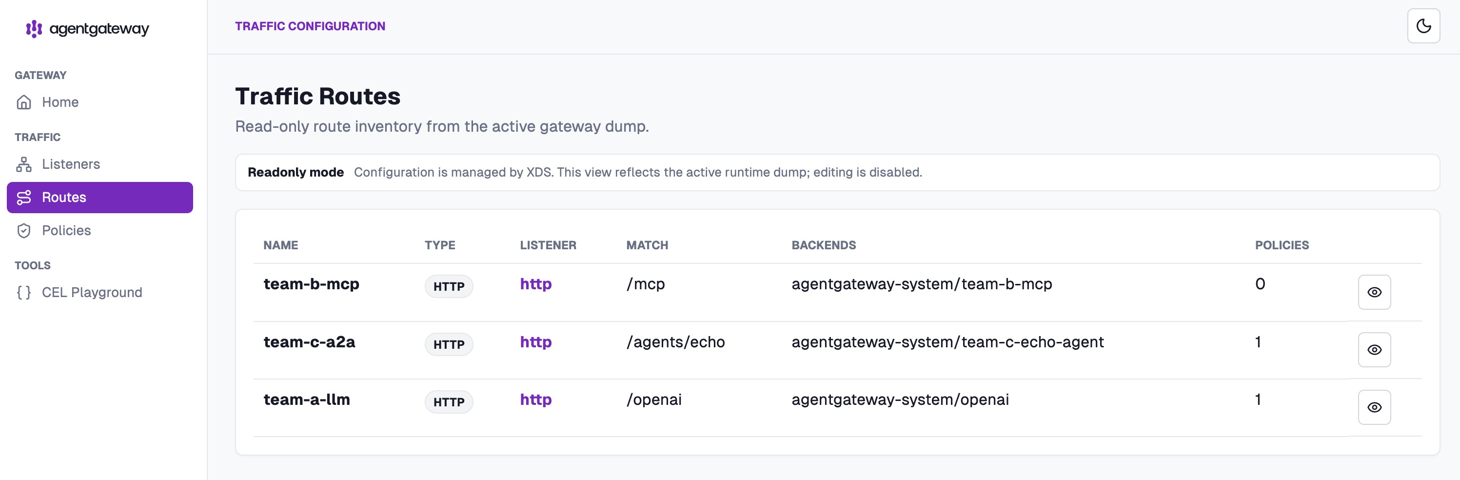 Agentgateway admin UI showing all three team routes