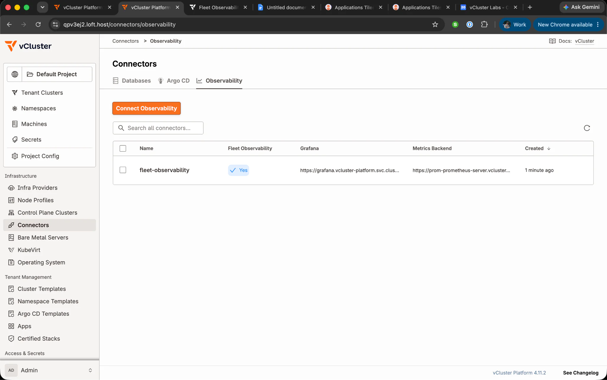 The Fleet Observability connector registered and connected in the vCluster Platform connectors view