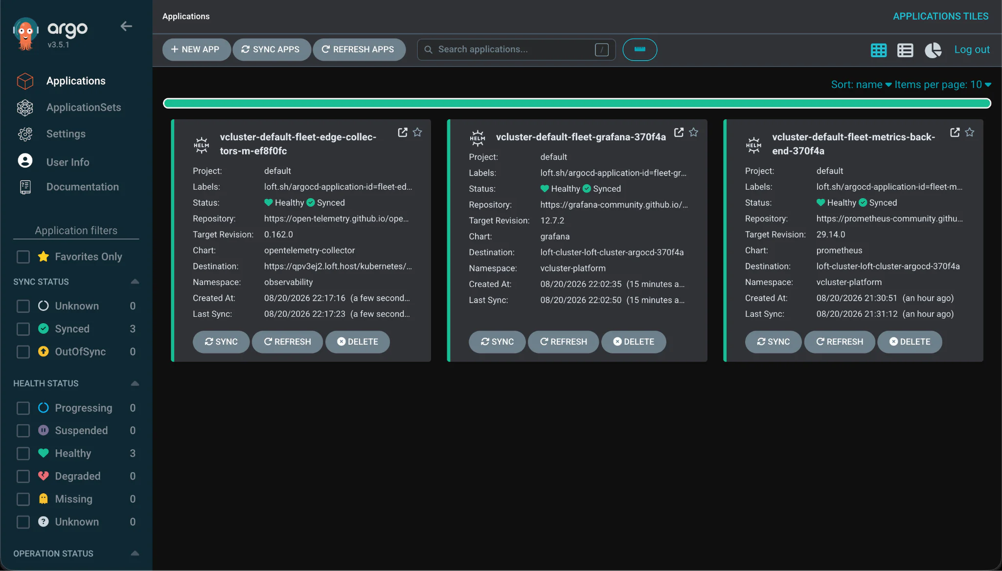 Argo CD applications for the Fleet Observability backend, Grafana, and collector components, all synced and healthy