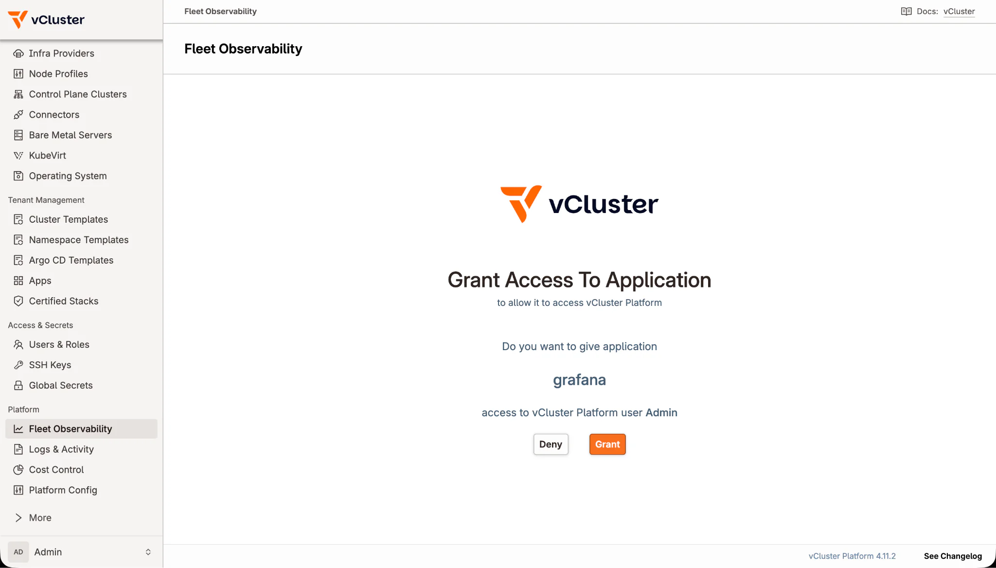 The vCluster Platform authorization prompt shown when Grafana requests access during the single sign-on flow