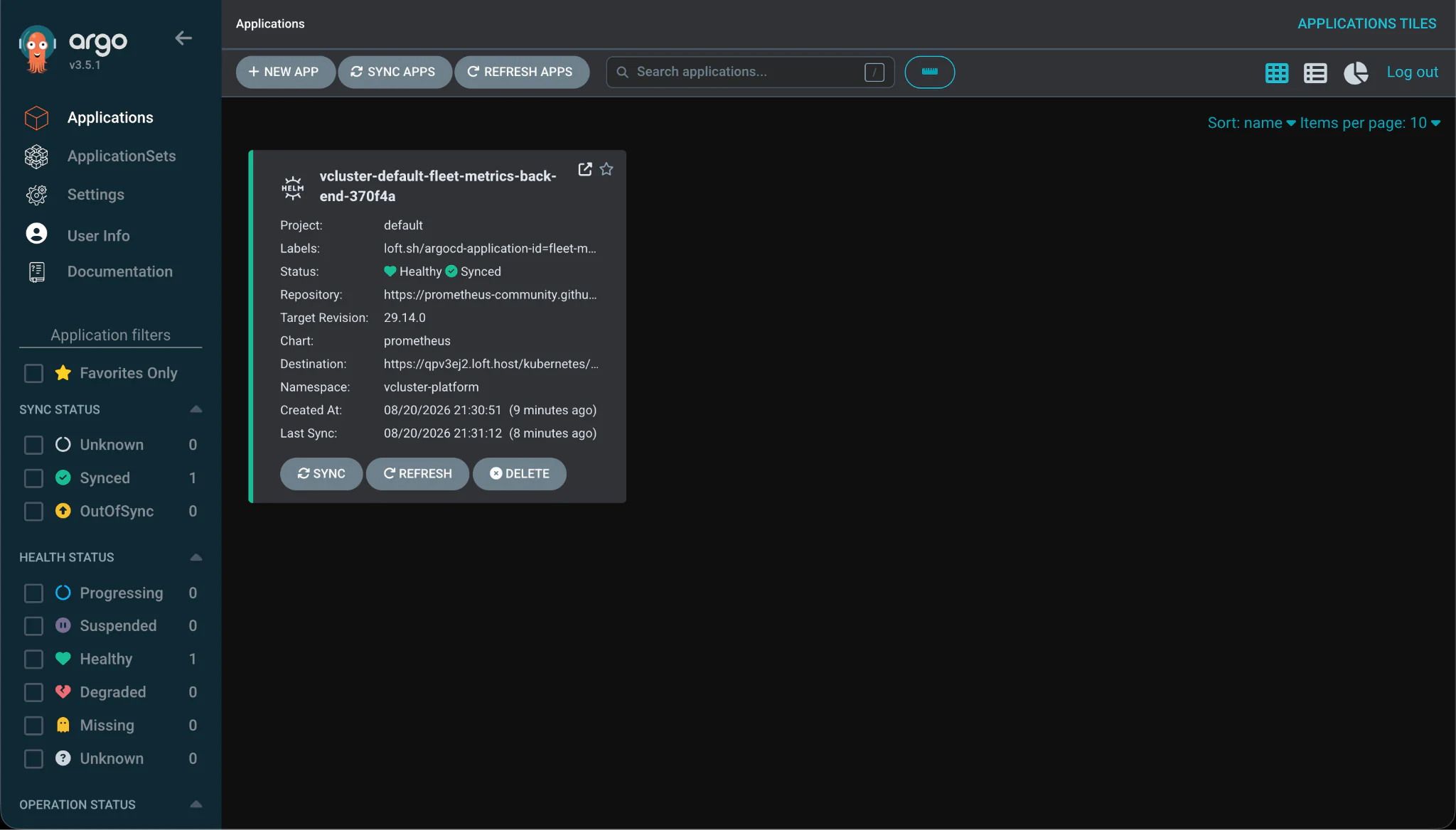 The Fleet Observability metrics backend application synchronized and healthy in the Argo CD dashboard
