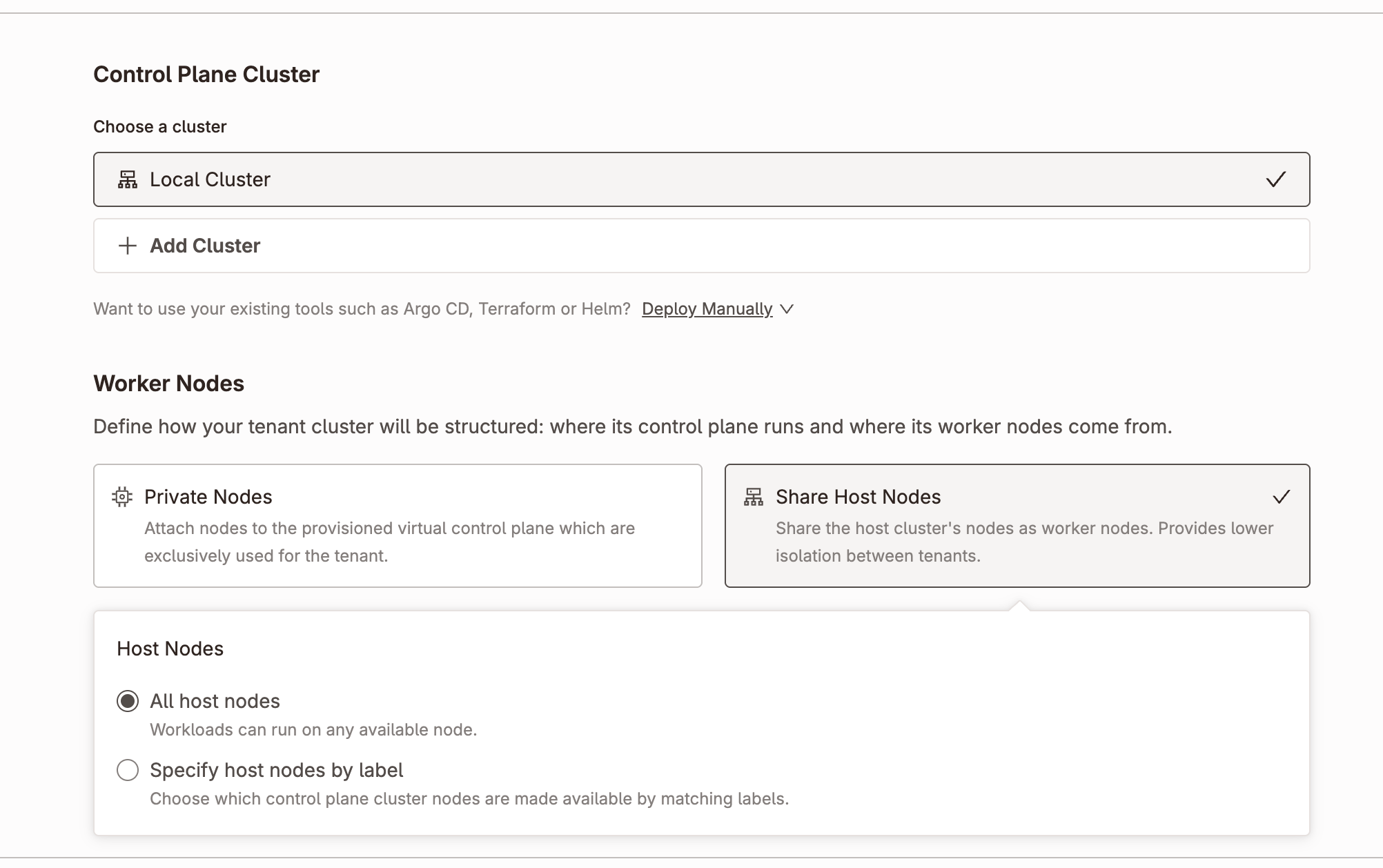 Create tenant cluster in the Platform UI: select Control Plane Cluster and worker node configuration