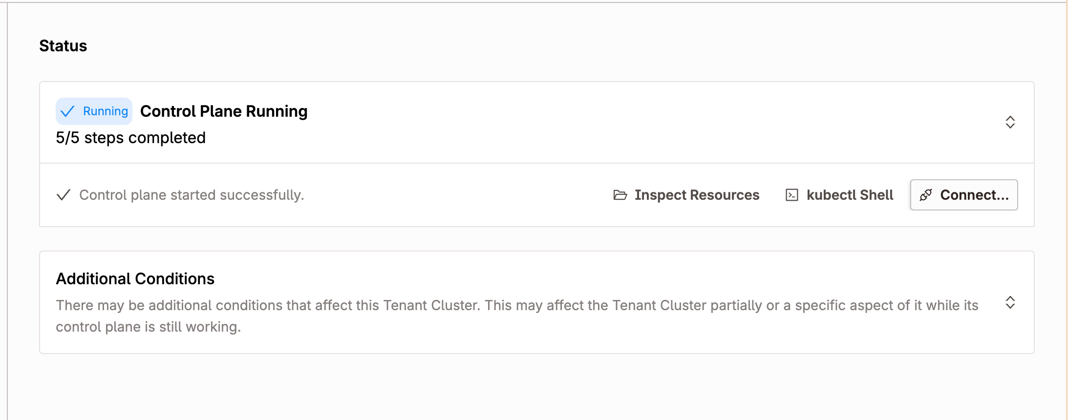 Tenant cluster status showing Running: Control Plane Running, 5/5 steps completed