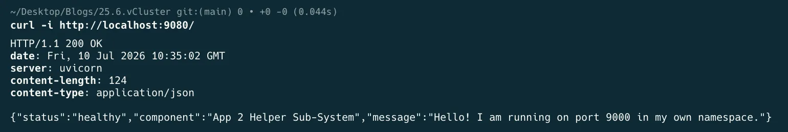 Terminal output of curl against localhost:9080 returning the App 2 helper sub-system JSON response