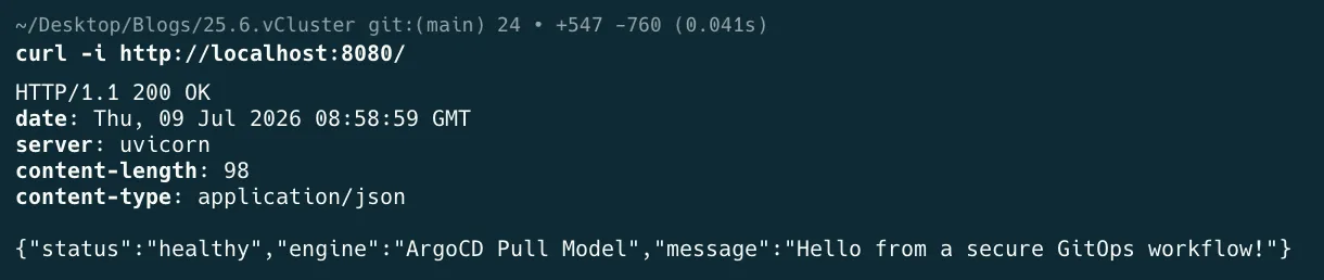 Terminal output of curl against localhost:8080 returning the healthy JSON response from the FastAPI app