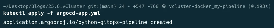 Terminal output confirming the python-gitops-pipeline Argo CD application was created