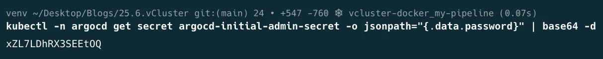 Terminal output showing the decoded Argo CD initial admin password