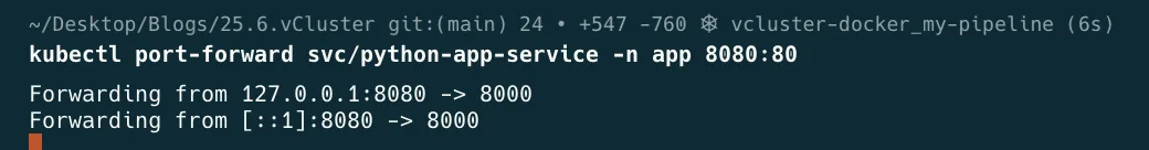 Terminal output of kubectl port-forward showing traffic forwarded from local port 8080 to the service on port 80