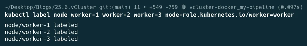 Terminal output confirming the worker role label was applied to worker-1, worker-2 and worker-3