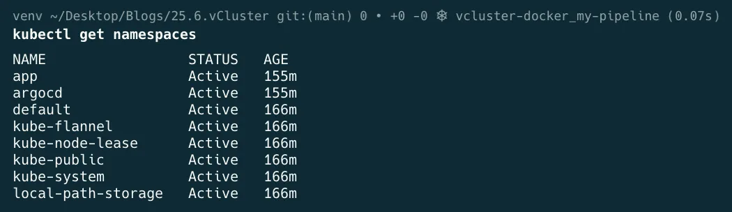 Terminal output showing the app and argocd namespaces being created