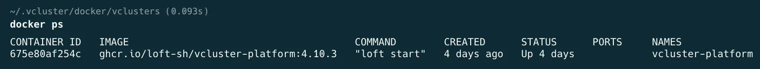 Terminal output of docker ps before the cluster is created, showing no vCluster containers running