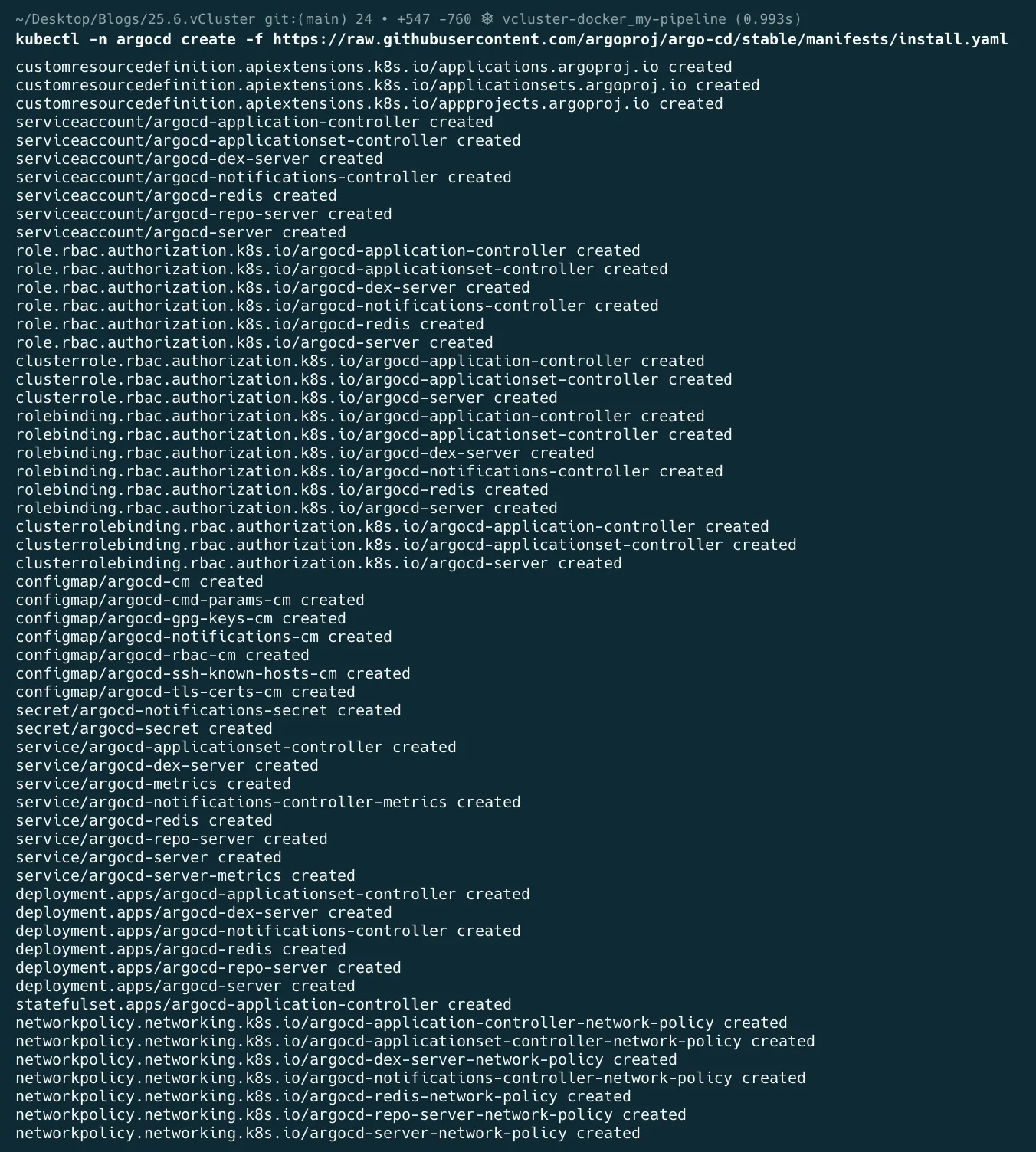 Terminal output listing every Argo CD resource created by the install manifest