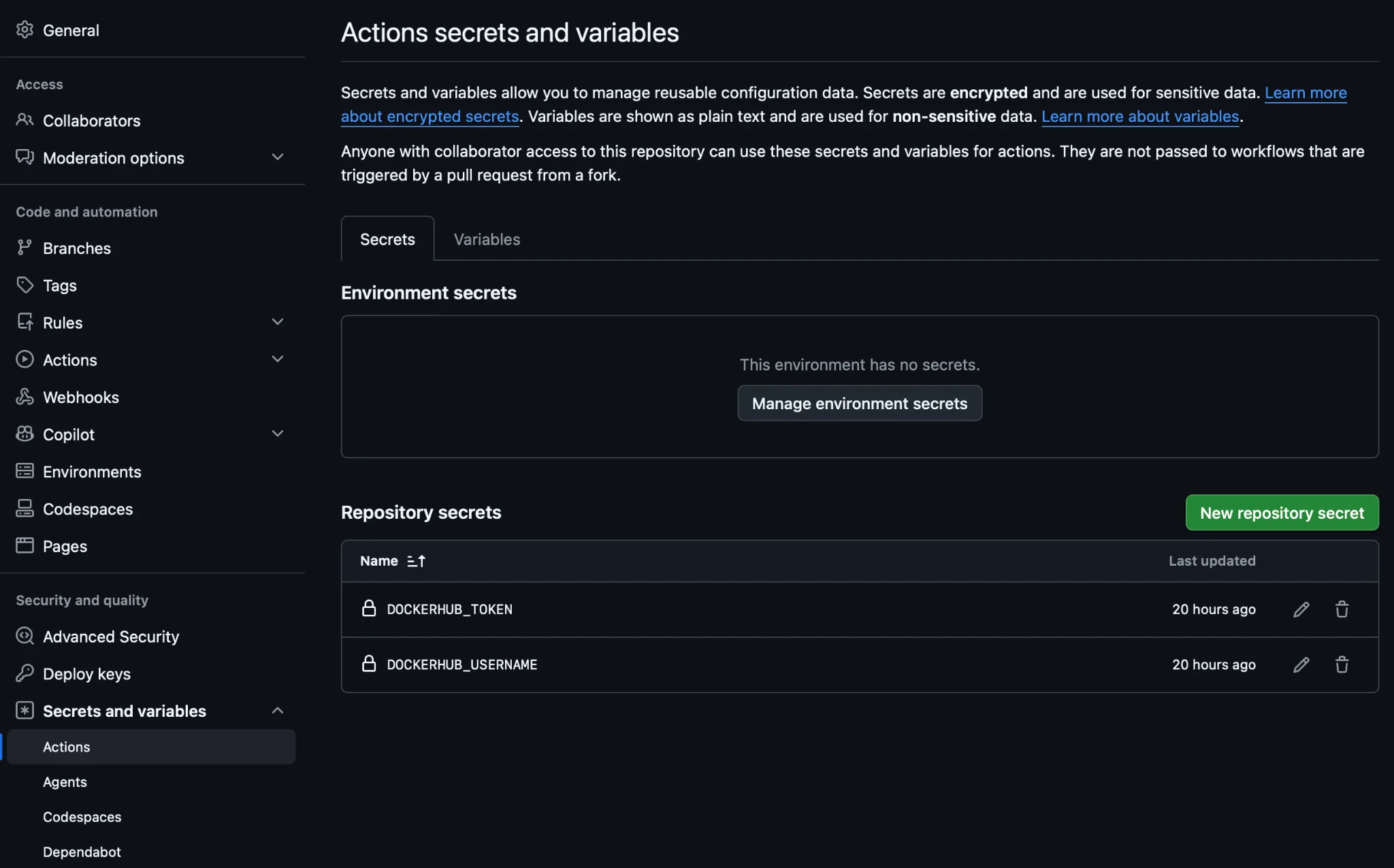 GitHub Actions secrets and variables page showing the DOCKERHUB_TOKEN and DOCKERHUB_USERNAME repository secrets